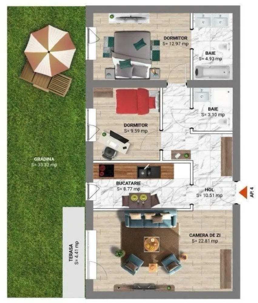 Apartament nou, 3 camere, complex rezidential Greenfield, sector 1 - Vand apartament 3 camere in complexul rezidential Greenfield. Este compus din living, 2 camere, 1 baie, 1 wc serviciu, 2 holuri.
Apartamentul este situat la parter, dispune de gradina proprie. Loc de parcare suprateran inclus.
Anul constructiei: 2024
Inaltimea interioara de 3.2m.
Pozitionat la Est.
Apartamentul este nou.
La cerere, pot oferi si design-ul pentru apartament, fara taxa suplimentara.
Cartierul dispune de spatii comerciale, restaurante, piscina olimpica de inot, sauna, spa, sala de fitness cat si locuri de joaca pentru copii.
Apartamentul se vinde direct de la proprietar, 223000 Euro
