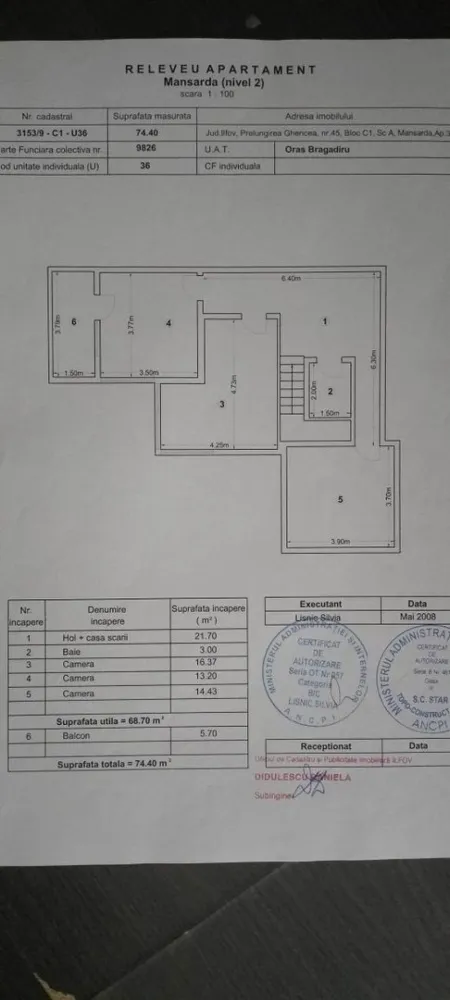Apartment 4 camere 163 MP penthouse / duplex, - Vă ofer spre vânzare în exclusivitate un apartament TIP DUPLEX compus din 4 camere si dependințe situat în CARTIERUL LATIN de pe Prelungirea Ghencea, oras Bragadiru, jud. Ilfov. Accesul catre si dinspre statia de Metrou RAUL DOAMNEI / C-TIN BRANCUSI sau TRAMVAI 41 este foarte facil, distanta parcurgandu-se in aproximativ 10 minute. Deasemenea, exista linia 122 de autobuz ultima statie fiind la Universitate dar si linia 222 de autobuz ultima statie fiind la Parcul Drumul Taberei.

Blocul a fost construit în anul 2008 pe cadre de beton armat și pereți de compartimentare din cărămidă, are un regim de inălțime S+P+6E+M, suprafata totala de 163 mp, lift cu acces de la subsol, tomberoanele de gunoi sunt situate în exteriorul blocului, are cate o baie pe fiecare nivel.

Apartamentul este de tip DUPLEX dispus pe 2 niveluri, respectiv:
- Etajul 6: 1 Living, 1 Bucatarie, 1 Baie, 1 Vestibul 1 terasa acoperita și un balcon închis.
- Mansarda: 3 Camera, 1 Baie, Dressing, 1 Hol, 1 Balcon

Ac în toate dormitoarele și living.
Terasa este acoperita.

Apartamentul se vinde mobilat și utilat (inclusiv centrala proprie NOUA) conform fotografiilor atasate.

Nu se percepe comision!
Pentru mai multe detalii mă puteți contacta telefonic 07******58
