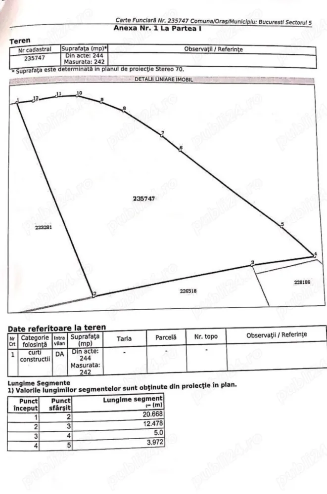 Vand Teren Propietar .Sector 5 Bucuresti - Direct proprietar vând teren în București zona Sălaj situat pe Strada Grapei nr. 46 , în suprafață de 242 mp cu deschidere la două străzi . 
Conform certificatului de Urbanism avem următorii coeficienți :
POT = 45%
CUT = 1.3 pentru P+2
CUT = 1.6 pentru P+2+M E3r
Regim de înălțime D+P+2E+3Er
Dosar Autorizatie Complect 

Terenul se află în imediata apropiere de stațiile RATB pentru liniile 139,220,117 cu acces rapid din Sos. Sălaj sau Str Cârlibaba , la doar 5 minute de minimarket precum LIDL , PROFI , la doar 2 minute mers pe jos de școală Generală nr. 148 G.Călinescu , grădiniță nr. 205 și multe alte facilități care asigură confort . 

Zona este liniștită , terenul este situat între case . 

Rog și ofer seriozitate , nu accept variante .