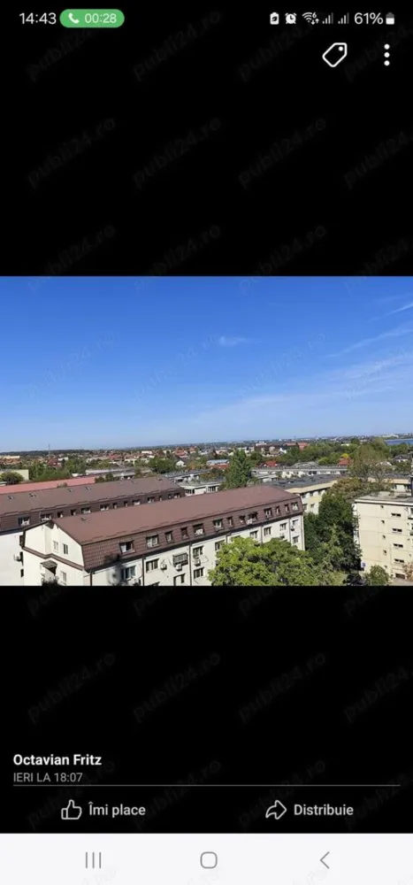 Vânzare apartament 4camere - Apartament 4 camere semidecomndate zona Apusului - Militari
 Vă propun un apartament cu 4 camere situat în zona Militari. 
Caracteristici principale: Suprafață utilă: 61 mp Etaj: 9 10 
Compartimentare: living, 3 dormitoare, bucătărie separată, 2 băi și un balcon. 
Blocul, construit în 1973, nu prezintă risc seismic, a fost recent anvelopat și beneficiază de o casă a scării curată, cu lift funcțional. 
Zona oferă numeroase facilități: acces facil la Metrou Gorjului, stații de autobuz, școli, grădinițe, și diverse magazine. 
În plus, sunt disponibile locuri de parcare în apropierea imobilului. 
 Apartamentul necesită îmbunătățiri, oferindu-vă oportunitatea de a-l personaliza după preferințe.
Pret: 110.000 euro negociabil
 Pentru mai multe detalii sau pentru a programa o vizionare, vă invitit să ma contactați!
Octavian Fritz
Tel: