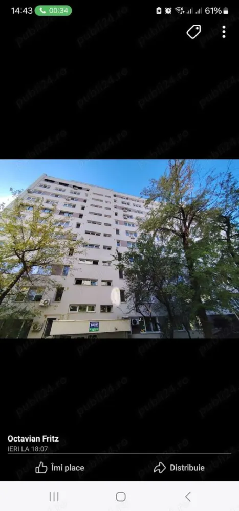 Vânzare apartament 4camere - Apartament 4 camere semidecomndate zona Apusului - Militari
 Vă propun un apartament cu 4 camere situat în zona Militari. 
Caracteristici principale: Suprafață utilă: 61 mp Etaj: 9 10 
Compartimentare: living, 3 dormitoare, bucătărie separată, 2 băi și un balcon. 
Blocul, construit în 1973, nu prezintă risc seismic, a fost recent anvelopat și beneficiază de o casă a scării curată, cu lift funcțional. 
Zona oferă numeroase facilități: acces facil la Metrou Gorjului, stații de autobuz, școli, grădinițe, și diverse magazine. 
În plus, sunt disponibile locuri de parcare în apropierea imobilului. 
 Apartamentul necesită îmbunătățiri, oferindu-vă oportunitatea de a-l personaliza după preferințe.
Pret: 110.000 euro negociabil
 Pentru mai multe detalii sau pentru a programa o vizionare, vă invitit să ma contactați!
Octavian Fritz
Tel: