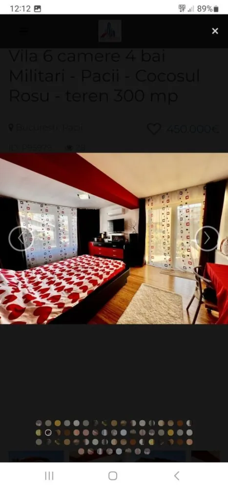 Vila 7 camere zona Militari Vânzare sau Inchiriere la 2300 de euro - Vila cu 7 camere spre Vanzare sau Inchirierea ei cu 2300 de euro, va astept cu mesaje....
Toate finisajele si dotarile din casa sunt de cea mai inalta calitate.

Villa P+1 +M + Pivnita
Suprafața totală construita: 330 mp
Suprafata utila totala: 302 mp
Suprafata utila la interior: 238 mp
Suprafata utila terase: 53,50 mp
Suprafata utila pivnita/camera tehnica: 10,20 mp
Suprafata teren: 300 mp
Curte libera: 200 mp
Amprenta la sol: 105 mp

*** Dotari vila:

Centrală proprie pe gaz
Gard metalic cu acces pentru masina in curte
Suprafete vitrate enorme ( geamuri imense pentru lumina naturala )
Tamplarie PVC cu geam tripan de cea mai inalta calitate
Finisaje si dotari in bai de calitate superioara
Incalzire in Pardoseala + Calorifere
Usi interioare de inalta calitate
Pivnita / Camera tehnica

*** Parter:

Bucătărie imensa open space cu loc de luat masa 23 mpu
Hol cu scara interioara din beton , nefinisata 18 mpu
Spaţiu imens de living 28 mpu
1 Dormitor 14.5 mpu
1 Baie mare de 9 mpu cu aerisire naturala
Spatiu depozitare sub scari
Terasa de 24.5 mpu in proiect, in spatele casei, neterminata
Suprafata utila Parter : 91,05 mp

***Etaj 1:

Dormitor 1 cu dressing si terasa
Dormitor 2 cu dressing
Dormitor 3 cu dressing, terasa si baie proprie
1 Baie cu aerisire naturala
Suprafata utila Etaj : 90,25 mp
Suprafata terase: 25 mp

Mansarda:

1 Camera imensa de 37 mpu
1 hol de acces
1 Baie cu aerisire naturala
1 Terasa imensa
Suprafata utila mansarda: 56,60 mp
Suprafata terase: 28,50 mp
*Mansarda poate fi considerata o garsoniera de sine statatoare, avand amenajata inclusiv bucatarie.

*** Curte:

Curtea este frumos armonizata cu alei betonate, gazon natural si plante ornamentale + pomi fructiferi
Rampa betonata pentru 1 masina in curte + locuri exterioare langa gard pentru vizitatori
Acces in pivnita / camera tehnica 10 mpu

Specificatii
Utilitati
 Utilitati generale: Curent, Apa, Canalizare, Gaz, CATV
 Sistem incalzire: Centrala proprie, Centrala imobil, Incalzire pardoseala, Calorifere
 Climatizare: Aer conditionat
Finisaje
 Izolatii: Exterior
 Pereti: Vopsea lavabila, Faianta
 Podele: Parchet, Gresie
 Ferestre: PVC, Termopan
 Usa intrare: Metal
 Usa interior: Lemn
Dotari
 Spatii utile: Pivnita
 Contorizare: Apometre, Contor caldura, Contor gaz
 Mobilat: Nemobilat
 Imobil: Curte, Gradina
Localizare Militari str. Televiziunii