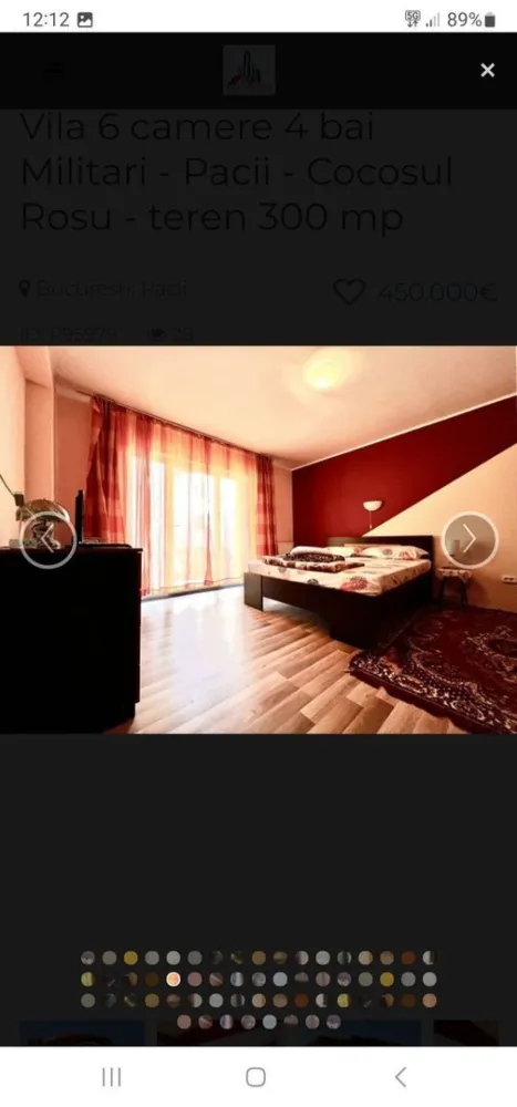 Vila 7 camere zona Militari Vânzare sau Inchiriere la 2300 de euro - Vila cu 7 camere spre Vanzare sau Inchirierea ei cu 2300 de euro, va astept cu mesaje....
Toate finisajele si dotarile din casa sunt de cea mai inalta calitate.

Villa P+1 +M + Pivnita
Suprafața totală construita: 330 mp
Suprafata utila totala: 302 mp
Suprafata utila la interior: 238 mp
Suprafata utila terase: 53,50 mp
Suprafata utila pivnita/camera tehnica: 10,20 mp
Suprafata teren: 300 mp
Curte libera: 200 mp
Amprenta la sol: 105 mp

*** Dotari vila:

Centrală proprie pe gaz
Gard metalic cu acces pentru masina in curte
Suprafete vitrate enorme ( geamuri imense pentru lumina naturala )
Tamplarie PVC cu geam tripan de cea mai inalta calitate
Finisaje si dotari in bai de calitate superioara
Incalzire in Pardoseala + Calorifere
Usi interioare de inalta calitate
Pivnita / Camera tehnica

*** Parter:

Bucătărie imensa open space cu loc de luat masa 23 mpu
Hol cu scara interioara din beton , nefinisata 18 mpu
Spaţiu imens de living 28 mpu
1 Dormitor 14.5 mpu
1 Baie mare de 9 mpu cu aerisire naturala
Spatiu depozitare sub scari
Terasa de 24.5 mpu in proiect, in spatele casei, neterminata
Suprafata utila Parter : 91,05 mp

***Etaj 1:

Dormitor 1 cu dressing si terasa
Dormitor 2 cu dressing
Dormitor 3 cu dressing, terasa si baie proprie
1 Baie cu aerisire naturala
Suprafata utila Etaj : 90,25 mp
Suprafata terase: 25 mp

Mansarda:

1 Camera imensa de 37 mpu
1 hol de acces
1 Baie cu aerisire naturala
1 Terasa imensa
Suprafata utila mansarda: 56,60 mp
Suprafata terase: 28,50 mp
*Mansarda poate fi considerata o garsoniera de sine statatoare, avand amenajata inclusiv bucatarie.

*** Curte:

Curtea este frumos armonizata cu alei betonate, gazon natural si plante ornamentale + pomi fructiferi
Rampa betonata pentru 1 masina in curte + locuri exterioare langa gard pentru vizitatori
Acces in pivnita / camera tehnica 10 mpu

Specificatii
Utilitati
 Utilitati generale: Curent, Apa, Canalizare, Gaz, CATV
 Sistem incalzire: Centrala proprie, Centrala imobil, Incalzire pardoseala, Calorifere
 Climatizare: Aer conditionat
Finisaje
 Izolatii: Exterior
 Pereti: Vopsea lavabila, Faianta
 Podele: Parchet, Gresie
 Ferestre: PVC, Termopan
 Usa intrare: Metal
 Usa interior: Lemn
Dotari
 Spatii utile: Pivnita
 Contorizare: Apometre, Contor caldura, Contor gaz
 Mobilat: Nemobilat
 Imobil: Curte, Gradina
Localizare Militari str. Televiziunii