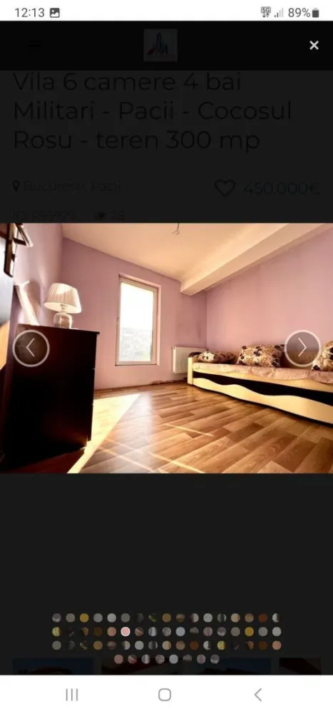 Vila 7 camere zona Militari Vânzare sau Inchiriere la 2300 de euro - Vila cu 7 camere spre Vanzare sau Inchirierea ei cu 2300 de euro, va astept cu mesaje....
Toate finisajele si dotarile din casa sunt de cea mai inalta calitate.

Villa P+1 +M + Pivnita
Suprafața totală construita: 330 mp
Suprafata utila totala: 302 mp
Suprafata utila la interior: 238 mp
Suprafata utila terase: 53,50 mp
Suprafata utila pivnita/camera tehnica: 10,20 mp
Suprafata teren: 300 mp
Curte libera: 200 mp
Amprenta la sol: 105 mp

*** Dotari vila:

Centrală proprie pe gaz
Gard metalic cu acces pentru masina in curte
Suprafete vitrate enorme ( geamuri imense pentru lumina naturala )
Tamplarie PVC cu geam tripan de cea mai inalta calitate
Finisaje si dotari in bai de calitate superioara
Incalzire in Pardoseala + Calorifere
Usi interioare de inalta calitate
Pivnita / Camera tehnica

*** Parter:

Bucătărie imensa open space cu loc de luat masa 23 mpu
Hol cu scara interioara din beton , nefinisata 18 mpu
Spaţiu imens de living 28 mpu
1 Dormitor 14.5 mpu
1 Baie mare de 9 mpu cu aerisire naturala
Spatiu depozitare sub scari
Terasa de 24.5 mpu in proiect, in spatele casei, neterminata
Suprafata utila Parter : 91,05 mp

***Etaj 1:

Dormitor 1 cu dressing si terasa
Dormitor 2 cu dressing
Dormitor 3 cu dressing, terasa si baie proprie
1 Baie cu aerisire naturala
Suprafata utila Etaj : 90,25 mp
Suprafata terase: 25 mp

Mansarda:

1 Camera imensa de 37 mpu
1 hol de acces
1 Baie cu aerisire naturala
1 Terasa imensa
Suprafata utila mansarda: 56,60 mp
Suprafata terase: 28,50 mp
*Mansarda poate fi considerata o garsoniera de sine statatoare, avand amenajata inclusiv bucatarie.

*** Curte:

Curtea este frumos armonizata cu alei betonate, gazon natural si plante ornamentale + pomi fructiferi
Rampa betonata pentru 1 masina in curte + locuri exterioare langa gard pentru vizitatori
Acces in pivnita / camera tehnica 10 mpu

Specificatii
Utilitati
 Utilitati generale: Curent, Apa, Canalizare, Gaz, CATV
 Sistem incalzire: Centrala proprie, Centrala imobil, Incalzire pardoseala, Calorifere
 Climatizare: Aer conditionat
Finisaje
 Izolatii: Exterior
 Pereti: Vopsea lavabila, Faianta
 Podele: Parchet, Gresie
 Ferestre: PVC, Termopan
 Usa intrare: Metal
 Usa interior: Lemn
Dotari
 Spatii utile: Pivnita
 Contorizare: Apometre, Contor caldura, Contor gaz
 Mobilat: Nemobilat
 Imobil: Curte, Gradina
Localizare Militari str. Televiziunii