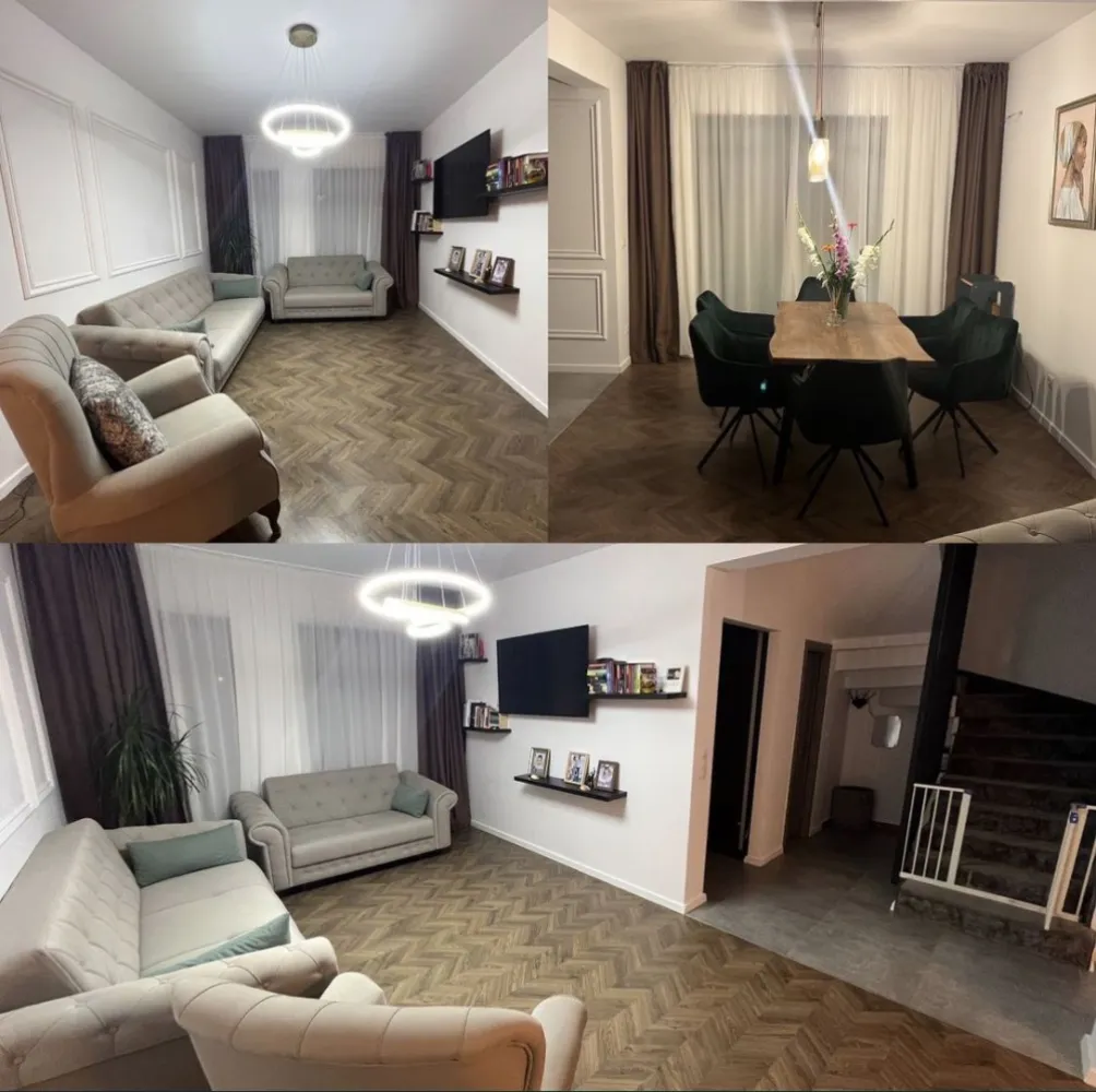 Casa 3 dormitoare tip duplex - Se vinde casa tip duplex cu suprafața de 98 mp utili și teren aferent 305 mp. Casa este compartimentata in felul următor : 2 bai , 3 dormitoare , bucatarie , dining , living , cămara. Exista 2 balcoane cu ieșire din toate cele 3 dormitoare + un pod utilizabil , generos. Casa este finalizată in 2022 , construcție noua , super economa ( istoric 1 an al facturilor ) , încălzire in pardoseala. Este situată in Martinesti , o zona ideală pentru cei care doresc liniște , strada noua , iluminat public , având toate utilitățile ( gaz , apa , canal , curent , digi ). Casa se vinde in stadiul in care se vede in poze , la cheie , practic cu toate cele necesare și anume: mobilier , electrocasnice , covoare , perdele , candelabre , etc.
La nivel de electrocasnice : 2 televizoare , mașina spălat haine , mașina spălat vase , cuptor , microunde , frigider , plita, hota , toate incorporate , aparat cafea profesionist , aspirator puternic cu funcție și de spălare mocheta , masina uscat haine , aspirator roborock , etc.
La nivel de curte tot cum se vede in poze , pavaj , gazon cu plasa Anti-cârtița , terasa care se preda cu tot cu mobilierul din poze , balansoar , cuptor , mașina de tuns gazonul , etc. Exista și o casuta de gradina de depozitat diverse lucruri. Acceptam orice fel de plata.