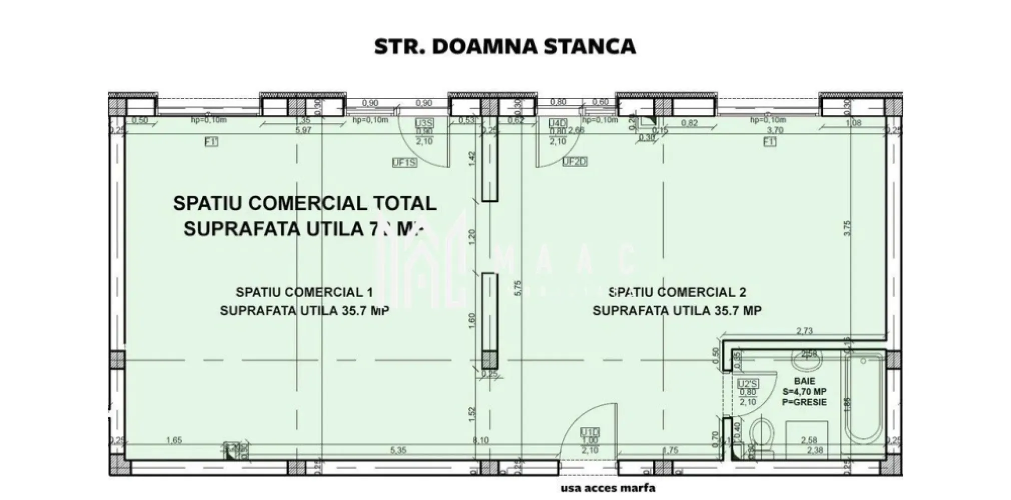 Spatiu Comercial I Parcare I 4 Vitrine I Doamna Stanca - MAAC Imobiliare va prezinta un spatiu comercial de inchiriat, disponibil imediat, situat la parterul unui bloc P+3E, zona Doamna Stanca. 

Facilitati:

4 vitrine mari la strada
Expunere de 12 ml la str. Doamna Stanca
2 locuri de parcare private
Acces aprovizionare marfa 
Cladire NOUA ( 2024 )
Se poate imparti in 2 incaperi sau poate ramane Open Space
Sistem automat pentru irigatii peisagistice exterioare
Se preda la alb, pregatit pentru personalizare dupa preferinte si specificul activitatii desfasurate

Dotari:

Centrala termica in condensatie marca BOSCH
Incalzire in pardoseala din teava multistrat
Tamplaria cu un profil PVC de 82 Salamander
Geamuri termopan cu 7 camere si 3 foi de sticla
Spatiu sanitar
Usi exterioare cu amortizoare cu brat blocabil
Usa metalica de acces prin spate, placata cu panou MDF
Instalatii electrice cu tablou general individual si sigurante pentru consumatorii de putere, doze, dulii, prize si intrerupatoare montate marca Schneider
Eficienta energetica clasa A+++

Pozitionat strategic, aproape de Shopping City Sibiu, Dedeman, Mega Image, Lidl, Kaufland si alte centre comerciale, spatiul ofera o vizibilitate excelenta si acces facil la un trafic intens.

Pentru mai multe detalii sau vizionari mentionati ID: CP2645203