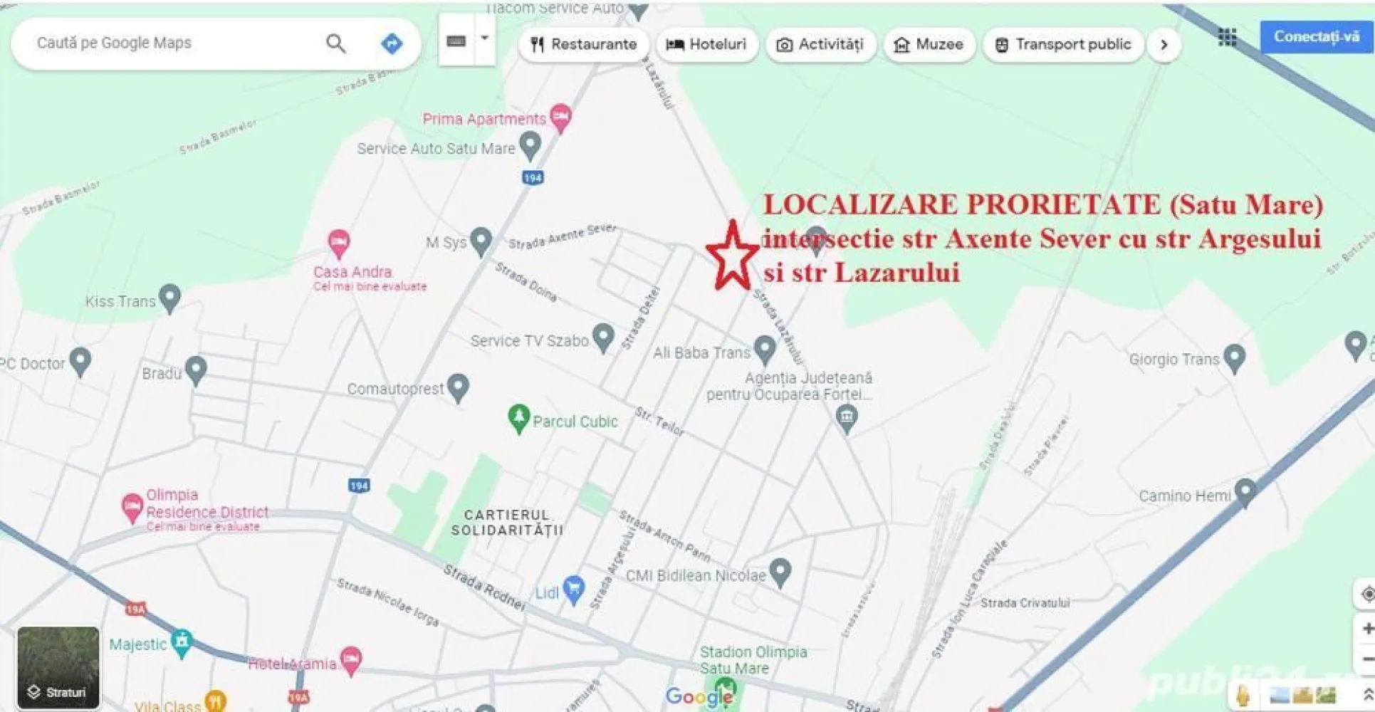 Ag BRASADAS vinde apt 3 camere la casa cu teren Axente Sever - Agenția BRASADAS vinde apartament in casa individuala tip P+1 Etaj si teren (singur in curte) in locul unui apartament la bloc.

Sufrageria de la parter are suprafata de 24 mp si se poate reconfigura modern in living + bucatarie.

Casa pretabila ca si locuinta, cabinet medical, cabinet stomatologic, sediu de firma.

Casa P+1 Etaj, singur in curte, construita in 1979 in Satu Mare, str Axente Sever colt cu str Argesului (900 m de la casa pe str Argesului pana la magazin LIDL din str Rodnei):
Suprafata totala de casa 112 mp este dispusa pe 2 nivele P+1 Etaj respectiv:
- parter 56 mp compus din 1 camera de 24 mp, 1 bucatarie, 1 baie, hol (beci cu intrare din hol parter)
- etaj 56 mp compus din 2 camere, 1 baie, hol si 1 balcon
Suprafata totala de teren 100 mp (singur in curte) din care ocupata la sol de casa 56 mp

Fundatie solida si inalta (are si beci cu coborare din holul de la parter), constructie realizata in anul 1979, peretii interiori exteriori sunt din caramida, se poate mansarda ca si la casa vecina.
Casa are parchet de lemn in camere, usi geamuri de lemn, incalzire centrala termica autorizata cu radiatoare de otel si intalatie termica in cupru, gresie faianta in bai.
Casa este locuibila la nivel de an 2004 cand a fost renovata si este racordata la reteaua publica de apa canal, gaz, curent.

Suprafata totala constructie 112 mp (fundatie de beton si pereti de caramida) rezulta un pret de 800 euro pe metru patrat (sub pret mp de apartament in bloc), inclus terenul de 100 mp.

In apropiere casei: Agenția Județeană pentru Ocuparea Forței de Muncă Satu-Mare, Liceul Teologic Ortodox Român Nicolae Steinhardt, Grădinița cu Program Prelungit 14 Mai, Lidl str Rodnei, Aquastar.

Din perspectiva suprafetei de 100 mp de teren aceasta casa P+1E poate sa fie o alternativa foarte buna la apartamentul cu 3, 4 camere din bloc in zona linistita de case si in apropiere de scoli, gradinite.

Www.brasadas.com.