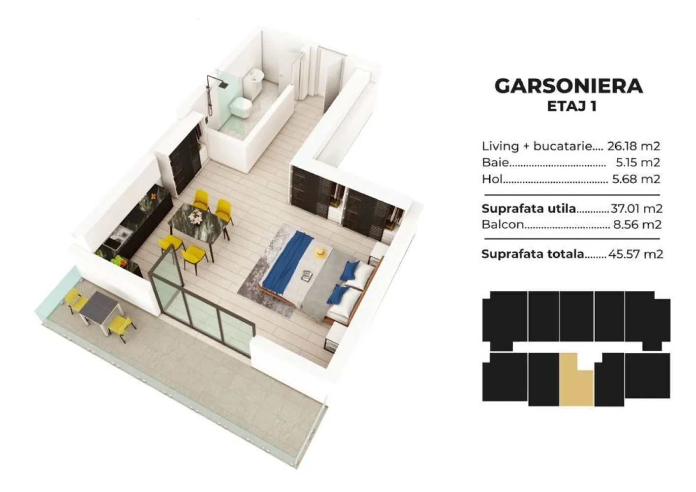 Studio spatios la cheie Sea Breeze Residence II Mamaia Nord - Cauţi o oază de linişte şi relaxare? Alege un apartament la Sea Breeze Residence II - Staţiunea Mamaia Nord (vis-a-vis de Alezzi Towers şi Lidl) şi vei putea admira apusul de soare de pe terasa locuinţei tale.

Proiectul Sea Breeze Residence II este cel de-al doilea proiect realizat de noi după finalizarea şi vânzarea integrală a primului proiect Sea Breeze Residence I (Strada D8, nr. 5, Mamaia Nord) - 36 de apartamente finalizate în August 2020.

Ansamblul este situat într-o zonă rezidenţială liniştită a staţiunii Mamaia Nord, preponderent cu case, străzi asfaltate, iluminat public, canalizare şi toate utilităţile. Sea Breeze Residence II oferă acces facil către cele mai importante zone de distracţie şi relaxare: restaurante: Nikos, Sali's, Portobella, Mackerel, Cherhanaua Năvodari, Hanul cu Peşte; beach baruri: Infinity Beach, Papaya beach, Lujo beach, Zanzibar, Oneiro; cluburi: Fratelli, Loft, Nuba, Breeze

Proiectul este format din 2 blocuri de tip P+5, situate pe Strada T3, nr. 51 (asfaltată) şi va cuprinde 100 de garsoniere şi apartamente cu 2 camere, cu suprafeţe cuprinse între 41m? şi 72m?. Apartamentele din cadrul Sea Breeze Residence II se pretează persoanelor care doresc linişte şi confort într-o locuinţă de vacanţă.

Apartamente disponibile în cadrul Sea Breeze Residence II Mamaia Nord:

Corp C1 - finalizare decembrie 2023

Garsoniere în suprafaţă de 43mp construiţi (36mp utili) " 45.000EUR
Studio în suprafaţă de 48mp construiţi (41mp utili total) " 49.500EUR

Apartamente cu 2 camere, în suprafaţă de 58mp construiţi (48mp utili) " 59.500EUR
Apartamente cu 2 camere, în suprafaţă de 67mp construiţi (56mp utili total) " 71.500EUR

Corp C2 - Finalizare Iunie 2023

Studio in suprafata de 50 mp construiti ( 43mp utili total ) - 52.500EUR
Studio in suprafata de 54 mp construiti ( 47 mp utili total ) - 56.000EUR

*Preţ disponibil pentru un avans de minim 50%.

Locuri de parcare exterioare - 7500EUR

Pentru a confirma disponibilitatea apartamentului dorit ne puteţi contacta telefonic la 07******88.

Apartamentele se vând la cheie şi beneficiază de umatoarele dotări şi finisaje:

tâmplărie PVC Salamander, geam 4 seasons Low-E, culoare gri antracit
uşă metalică antiefracţie MegaDoor
centrală în condensare Ariston 24KW + calorifere din aluminiu Innovita
aer condiţionat Ariston - 12.000BTU
băi dotate cu obiecte sanitare Cersanit / Ferro
pereţi finisaţi cu glet şi zugrăviţi cu vopsea lavabilă
gresie, faianţă, parchet laminat
instalaţie electrică completă - Vimar
terase cu sticlă securizată, placate cu gresie de exterior + balustradă şi riflaje metalice
lift modern, electric - Kleemann, 6 persoane
interfon şi sistem de supraveghere video (exterior)
termosistem Swisspor izolaţie 10cm + tencuială decorativă
parcare privată cu acces barieră pentru locatari (60 locuri)

*Toate informaţiile, schiţele şi pozele au exclusiv scop de prezentare! Suprafeţele apartamentelor pot suferi modificări +/- 5% după măsurătorile cadastrale.