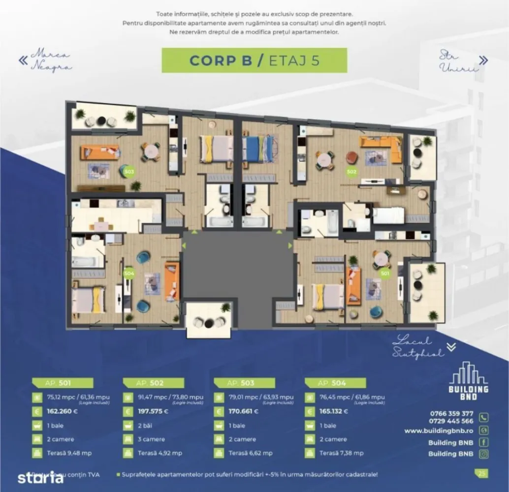 Finalizat-Ap 2 camere Bd Mamaia - Un nou proiect marca Building BNB (asocierea BND), situat la intrarea în Stațiunea Mamaia (B-dul Mamaia 294 colț cu Strada Unirii, vis-a-vis de Lake View), 3 minute de mers pe jos pana la plaja Malibu. Proiect ambițios care pune accent pe experiențele pozitive ale viitorilor locatari, compus din 2 imobile cu un regim de înălțime S+P+5, respectiv S+P+6 și un total de 77 locuri de parcare (subsol + parter). Apartamente de lux cu 2, 3 și 4 camere, ce beneficiază de vedere superbă către Mare, Stațiunea Mamaia, Lacul Tăbăcăriei si oras. Construite la standarde înalte de calitate, apartamentele din ansamblul rezidențial Building BNB (asocierea BND) Mamaia pot reprezenta o opțiune ideală pentru cei care își doresc să se bucure de confort la câțiva pași de plajă! Apartamente disponibile în cadrul proiectului avans minim 35%, loc de parcare inclus în preț: Apartamente cu 2 camere, suprafețe de la 71.5m + terasă 3.6m prețuri începând de la 128.862 euro. Apartamente cu 3 camere și 2 băi, suprafețe de la 93.5m + terasă 4.9m prețuri începând de la 168.138 euro. Apartamente cu 4 camere și 2 băi, suprafețe de la 153m + terasă 12m prețuri începând de la 330.372 euro. *Prețurile afișate nu includ TVA. Apartamentele din cadrul Building BNB beneficiază de următoarele dotări și finisaje: -tâmplărie din aluminiu (Wicona), culoare gri antracit; -ușă metalică antiefracție imbracata in lemn, interior+exterior; -centrală proprie în condensație Ariston + încălzire în pardoseală Hertz; -pereți BCA tencuiti (baza ciment), finisați cu glet și zugrăviți cu vopsea lavabilă alba; -instalația de gaz realizată (la gata); -instalația electrică cu aparataj modular Gewiss; -casa scării echipată complet: marmură, tavane lamelare, sistem de iluminat pe senzori, muzică ambientală; -2 lifturi de mare viteză Schindler; -videointerfon 3.5/7 Electra; -sistem fațadă ventilată format din vată bazaltică 15 cm și panouri de fațadă din placi HPL-8 mm; -loc de joacă pentru copii; -stație de încărcare pentru mașinile electrice. *Toate informațiile, schițele și pozele au exclusiv scop de prezentare! Suprafețele apartamentelor pot suferi modificări +/- 5% după măsurătorile cadastrale.