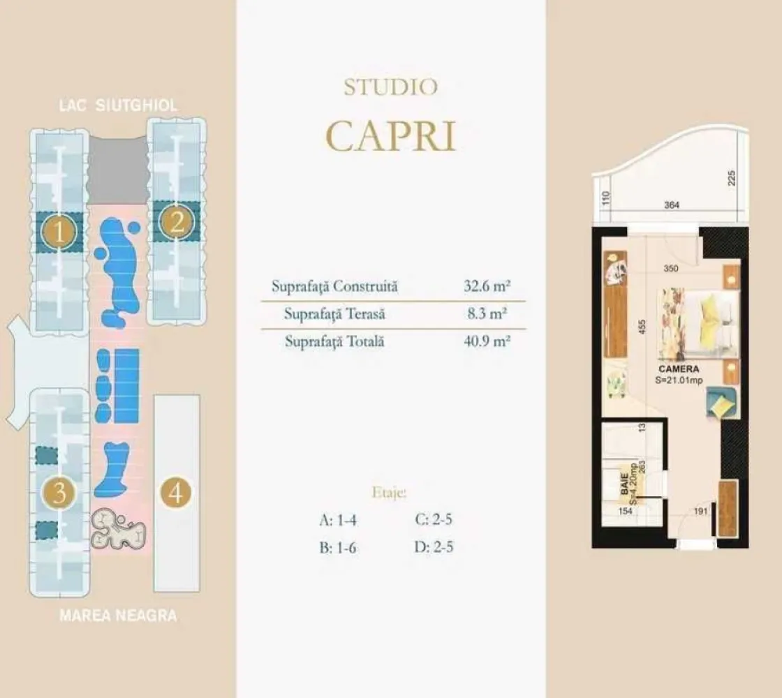 Studio tip Capri Nordis Mamaia - Vand studio Capri in complexul Nordis Mamaia, blocul 3 rezidential, etajul 2, cu vedere la zona de spa. Momentan cesionez promisiunea, dar se poate semna contractul de vanzare-cumparare cu dezvoltatorul. Termenul de finalizare al imobilului este septembrie 2023. Achitat aproape integral, mai sunt de platit aproximativ 3500 de euro la predare. Pretul studioului este considerabil mai mic decat daca ar fi achizitionat direct de la dezvoltator.
Suprafata totala de 37 mp, din care 7.8 mp terasa.

Nordis Mamaia este cel mai mare ansamblu hotelier și rezidențial de 5 stele din nordul stațiunii Mamaia aproape de zona de entertainment și cluburi.
Complexul ofera un număr impresionant de facilități precum:
- SPA de 3.200 mp;
- Piscine interioare și exterioare;
- 12 Restaurante și cafenele;
- Plajă proprie;
- Sala de fitness / Centru de recuperare medicală;
- Loc de joacă pentru copii;
- Parcare privată;
- Cinema VIP;
- Concierge;
- Smart Home.