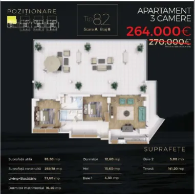 Direct Dezvoltator Comision 0% 3 Cam . 86 mp + Terasa 141 mp Mamaia La Butoaie