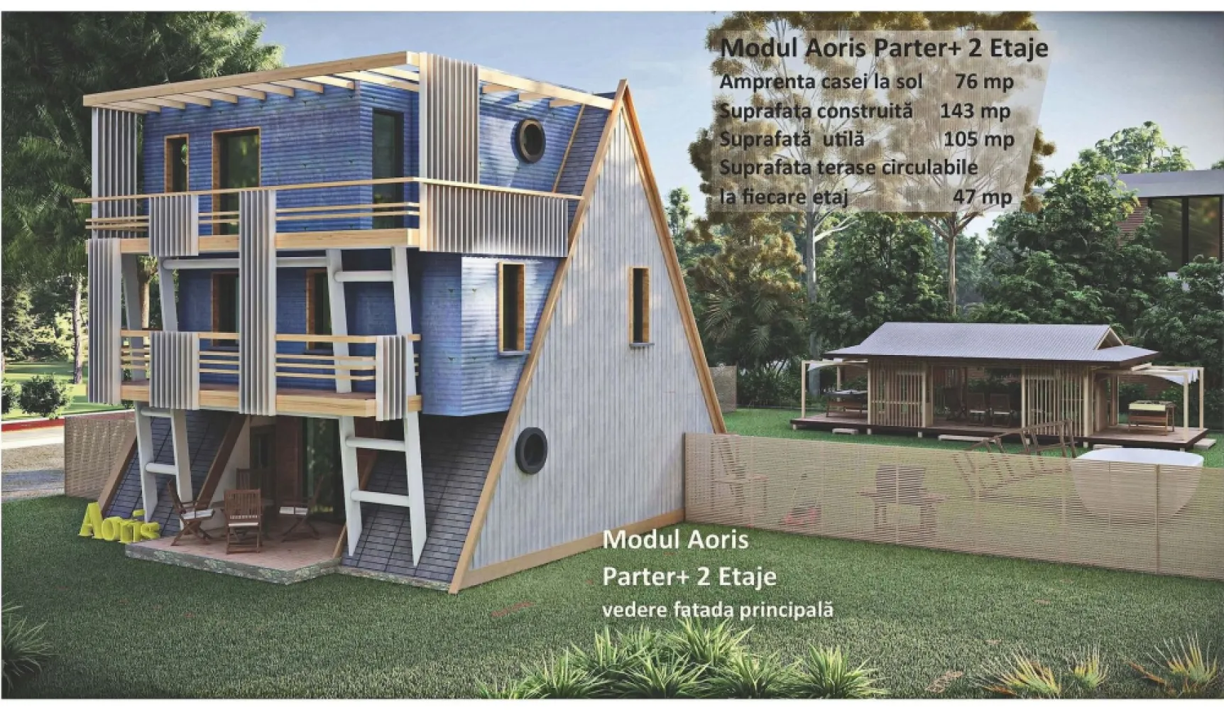 CASA MODULARA AORIS - Locuinte in sistem modular . Se monteaza la gata pe toate tipurile de teren. Module de tip PARTE, PARTER+1, ETAJ, PARTER+ 2 ETAJE, fiecare nivel beneficiaza de terasa.