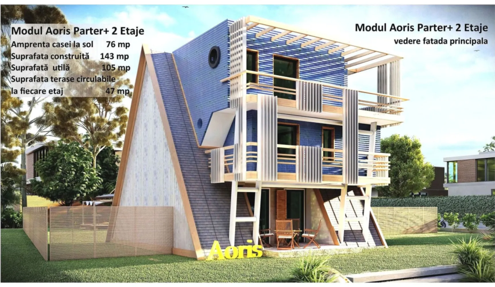 CASA MODULARA AORIS - Locuinte in sistem modular . Se monteaza la gata pe toate tipurile de teren. Module de tip PARTE, PARTER+1, ETAJ, PARTER+ 2 ETAJE, fiecare nivel beneficiaza de terasa.