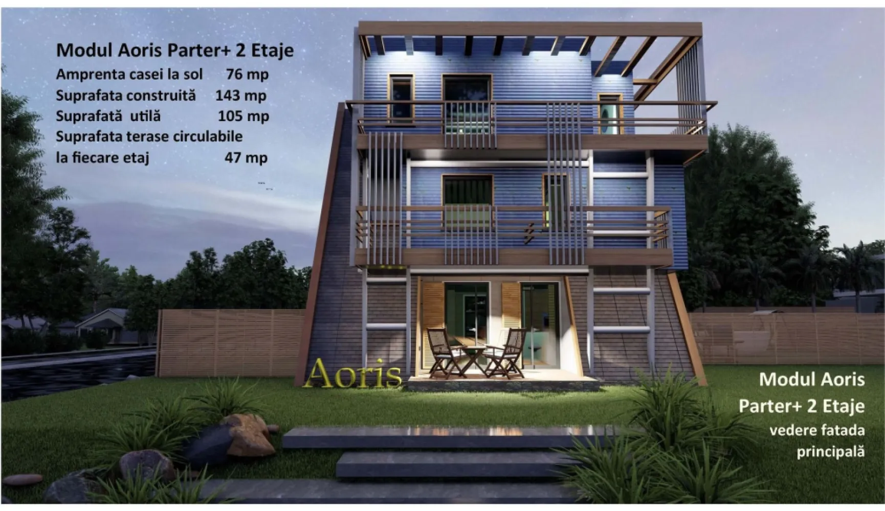 CASA MODULARA AORIS - Locuinte in sistem modular . Se monteaza la gata pe toate tipurile de teren. Module de tip PARTE, PARTER+1, ETAJ, PARTER+ 2 ETAJE, fiecare nivel beneficiaza de terasa.