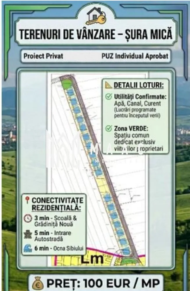 Parcele de tren de vânzare | 417-892 MP | Utilități | Șura Mică - MAAC Imobiliare vă propune spre vânzare parcele de teren intravilane situate în Șura Mică, în cadrul unui proiect privat cu PUZ individual aprobat. 

Locația oferă oportunitatea ideală pentru construirea unei case , cu regim de înălțime permis: P / P+E / D+P+M.
Accesul se v-a face prin barieră la intrare.
Disponibilitatea loturilor este următoarea:

Loturi Premium: 
Parcela 10 (873 mp) și
Parcela 11 (892 mp), care includ grădini extinse pentru un plus de intimitate.

Loturi Standard: 
Suprafețe echilibrate, cuprinse între:
417 mp și 448 mp

Parcelă Specială:
470 mp, beneficiind de o deschidere generoasă la stradă de 19 ml.

Lot Individual: 
508 mp, poziționat strategic chiar la intrarea pe stradă.

Detalii tehnice și utilități:

Avize obținute pentru apă, canalizare și curent electric;
 
Instalarea rețelelor în teren este confirmată pentru vara anului 2026.

Proiectul include un spațiu comun dedicat exclusiv viitorilor proprietari.

Conectivitate și proximitate:

Educație: 3 minute cu mașina până la Școala Gimnazială și grădinița modernă din localitate.

Transport: 5 minute distanță până la intrarea pe autostradă.

Recreere: 6 minute până la stațiunea Ocna Sibiului.

Pentru informații suplimentare sau pentru a programa o vizionare la fața locului, vă rugăm să ne contactați menționând ID: CP3060876