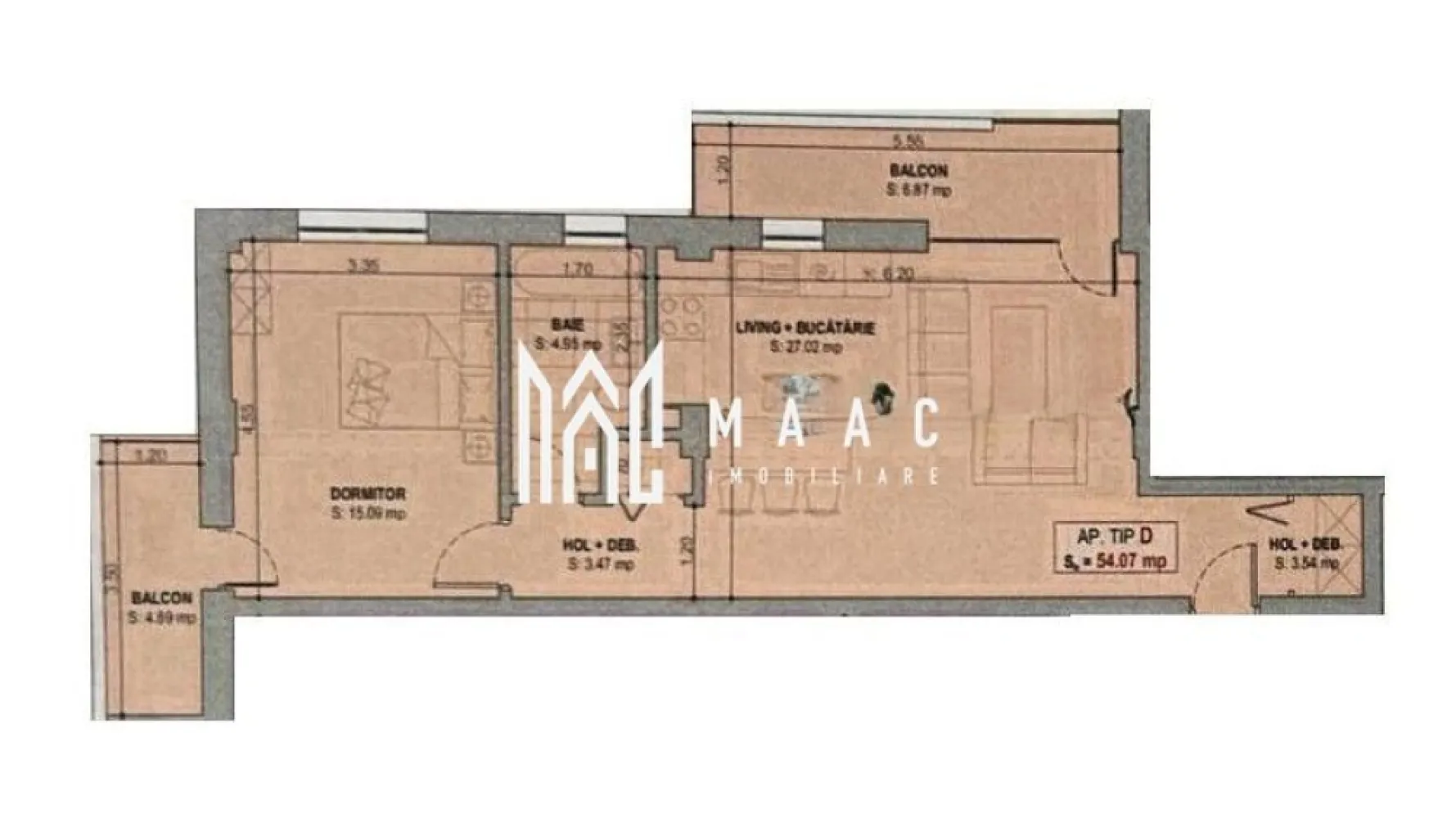 Apartament rezidențial I 2 camere I Parcare I Selgros - MAAC Imobiliare vă propune pentru achiziționare un apartament cu 2 camere situat într-un bloc de locuit în stadiul de dezvoltare, situat în cartierul Veterani, în proximitatea magazinului Selgros, ieșirea de Nord a orașului Sibiu.

Apartamentul cu suprafața utilă de 54.07 mp, este format din:
Living cu bucătărie open- space în suprafața de 27.02 mp cu acces la balconul de 6.87 mpu,
Dormitor de 15 mpu cu acces la balcon de 4.89 mpu,
baie dotată cu geam de aerisire si cadă cu suprafața de 4.95 mpu,
spații pentru depozitare în cadrul holurilor de acces.

Complexul rezidențial este în construcție, se predă la sfârșitul anului 2025 la stadiul de:
-ALB: instalația de curent, instalația sanitară, loc destinat pentru aparat de aer condiționat, pereți finisați cu glet, ușa principală metalică marca Porta Doors, centrală termică în condensare și instalația de încălzire în pardoseală, geamuri tripan cu tâmplărie PVC Salamander culoare gri antracit, cele 2 balcoane cu balustradă de sticlă și finisaje cu granit.

-CHEIE: plus 200 euro/ mp, include vopsea lavabilă, uși interioare, obiecte sanitare, gresie, faianță, parchet, aparataje electronice etc.

Fiecare unitate beneficiază de un loc de parcare suprateran.

Construcția cu regim de înalțime P+ 3 etaje + 4 retras va beneficia de lift, interfon cu video, panouri solare care vor alimenta iluminatul public.
Construcția cu fundație de beton, zidărie cărămidă Porotherm, izolație polistiren și vată bazaltică, boxe la subsol( achiziționate separat), parcare subterană ( posibilitate de achiziționare locuri de parcare adiționale la prețul de 10000 euro/ buc.),
Parterul va avea destinație comercială, în proximitatea construcțiilor vor fi amenajate alei, spații verzi și locuri de joacă.

Modalitate de plată:
-Avans 25% la antecontract, 25% la roșu, 50% la predare.
-Achitarea integrală a apartamentului include 1 loc de parcare subteran la pret 50%.

Aceast apartament combină spațiul generos cu o compartimentare eficientă și finisaje de calitate superioară, fiind locația perfectă pentru a vă crea amintiri de neuitat. Contactați-ne pentru a programa o vizionare și pentru a discuta detaliile acestei oferte imobiliare excepționale.

Pentru mai multe informații specificați că ați văzut anunțul cu ID: CP2371421