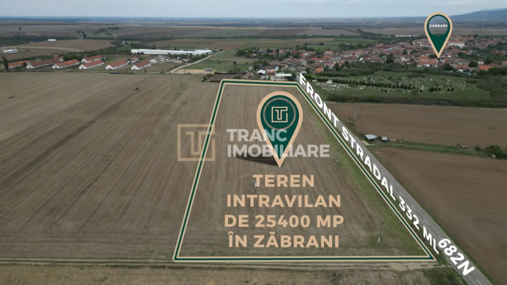 Teren intravilan de 25400 mp cu potențial excepțional pentru investiție în Zăbra - Teren intravilan de 25400 mp cu potențial excepțional pentru investiție în Zăbrani

Dacă ești dezvoltator, investitor sau îți cauți un teren pentru viitoare ata hală sau ferma, cu acces la un drum asfaltat, in Zăbrani, îți propunem la vânzare un teren intravilan, cu o suprafață totală de 25.400 mp și un front stradal impresionant de 332 metri la drumul județean DJ682N. Proprietatea este amplasată într-o zonă strategică, lipită de una dintre fermele mari din localitate, beneficiind de vizibilitate excelentă și acces direct la drum asfaltat.

Categoria de folosință este intravilan arabil, ceea ce oferă multiple posibilități de dezvoltare: parcelare și construcție de locuințe, ridicarea de hale industriale, ferme moderne sau spații logistice. Frontul generos la drum face ca terenul să fie perfect pentru orice tip de activitate comercială sau industrială, dar și pentru un proiect rezidențial de amploare.

Teren intravilan de 25400 mp cu potențial excepțional pentru investiție în Zăbrani

Dacă ești dezvoltator, investitor sau îți cauți un teren pentru viitoarea ta hală sau ferma, cu acces la un drum asfaltat, in Zăbrani, îți propunem la vânzare un teren intravilan, cu o suprafață totală de 25.400 mp și un front stradal impresionant de 332 metri la drumul județean DJ682N. Proprietatea este amplasată într-o zonă strategică, lipită de una dintre fermele mari din localitate, beneficiind de vizibilitate excelentă și acces direct la drum asfaltat.

Categoria de folosință este intravilan arabil, ceea ce oferă multiple posibilități de dezvoltare: parcelare și construcție de locuințe, ridicarea de hale industriale, ferme moderne sau spații logistice. Frontul generos la drum face ca terenul să fie perfect pentru orice tip de activitate comercială sau industrială, dar și pentru un proiect rezidențial de amploare.

Utilitățile sunt ușor accesibile: apa, canalizarea și gazul se afla la strada si curentul la capatul parcelei.

Terenul este amplasat la 12 km de Lipova, 25 km de Arad și 50 km de Timișoara, având o poziționare excelentă pentru transport și distribuție. Zona este într-o continuă dezvoltare, ceea ce transformă această proprietate într-o investiție sigură și profitabilă pe termen lung.

O alegere ideală pentru dezvoltatori, investitori și antreprenori care caută un amplasament cu vizibilitate, accesibilitate și potențial real de creștere.

Terenul este amplasat la 12 km de Lipova, 25 km de Arad și 50 km de Timișoara, având o poziționare excelentă pentru transport și distribuție. Zona este într-o continuă dezvoltare, ceea ce transformă această proprietate într-o investiție sigură și profitabilă pe termen lung.

O alegere ideală pentru dezvoltatori, investitori și antreprenori care caută un amplasament cu vizibilitate, accesibilitate și potențial real de creștere.