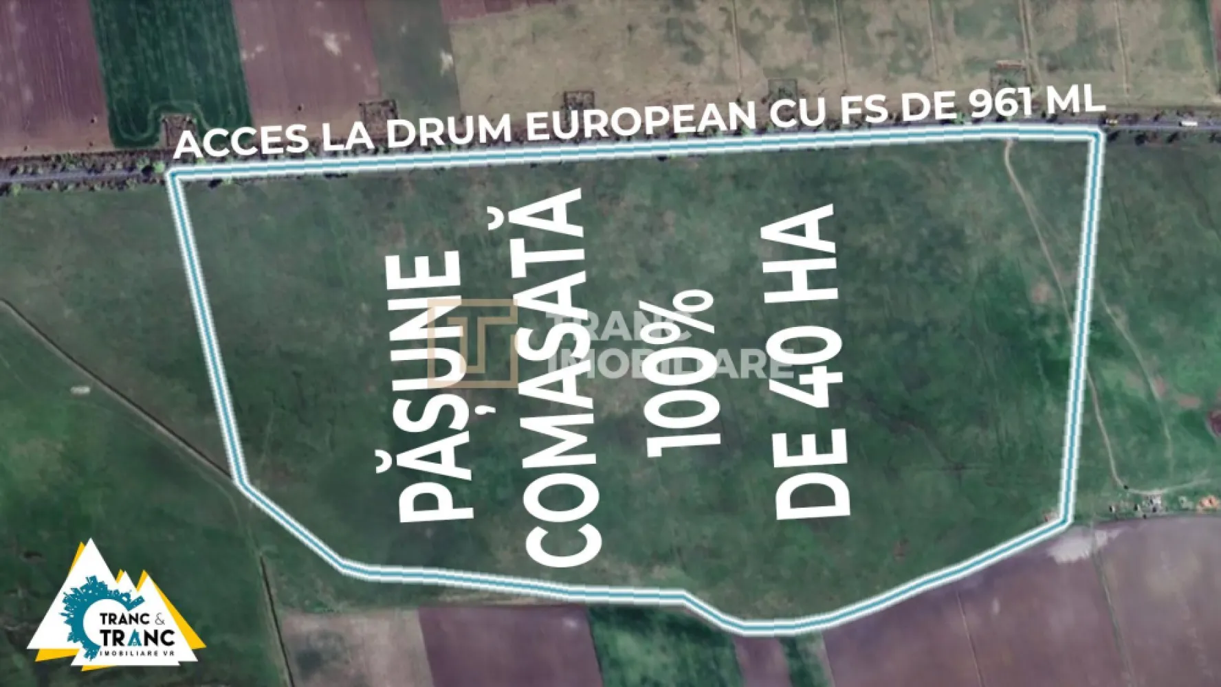 Teren PASUNE de 40ha, Comasat 100%, cu FS de 961 ml la Drumul European - Daca va aflati in cautarea unei pașuni de 40 ha, comasat 100%, acesta este singurul teren care va poate satisface nevoie de a dezvolta o afacere in domeniul cresterii animalelor, industrial sau fotovoltaic, datorita pozitionarii strategice oferita de accesul la Drumul European, cu un front stradal, mai mult decat generos, de 961 ml. 

Terenul poate fi parcelat si revandut, se poate dezvolta un nou cartier de case, o zona industriala de hale, un parc fotovoltaic sau pur si simplu se poate folosi ca pasune pentru animale. La o distanta de doar 50 m se afla linia de medie tensiune unde va puteti bransa in cazul in care il cumparati pentru a construi un parc fotovoltaic.

 Zona in care se afla terenul este una in care predomina activitatile agricole. In zona vom intalni ferme agricole, ferme de animale, benzinarii si restaurante.

Daca sunteti agricultor sau o firma cu renume in zona si doriti sa va extindeti activitatea sau doriti sa investiti in pasuni pentru a le transforma in parcuri fotovoltaice, parcuri industriale sau ferme agricole, nu ezitati sa ne contactati.