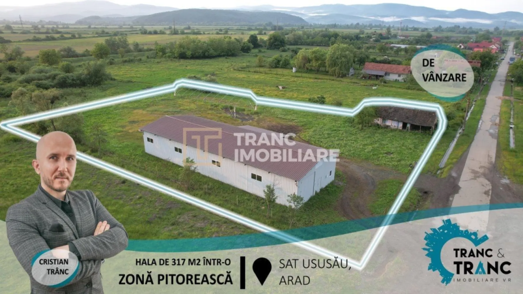 COMISION 0% Hala noua de 317 m2, intr-o zona feerica, in Ususau - COMISION 0%
Hala noua de 317 m2, intr-o zona feerica, in Ususau

In continuare, va prezentam oportunitatea de a achizitiona o proprietate compusa dintr-o HALA METALICA de 317 m2 cu birou si o SERA de 400 m2 ce au fost construite pe un teren de 3960 m2 in Localitatea Ususau din Judetul Arad. Proprietatea este pretabila, atat pentru activitati de PRELUCRARE SI DEPOZITARE A LEMNULUI, cat si pentru DEPOZIT DE MATERIALE DE CONSTRUCTII datorita lipsei unui depozit de materiale de constructii in zona.

De ce este o afacere buna?
- Cost Hala + Schelet sera de doar 220 euro / m2 (calculul sa facut tinand cont de valoarea terenului de 10.000 euro)
- In cazul in care v-ati gandi sa construiti o hala de la 0, daca ati achizitiona aceasta prorpietate ati salva timp, bani si stres, cu autorizatiile, cu oamneii neprofesionisti, cu potentialele furturi si construirea de la 0 a unei imagini.
- Nu exista depozit de materiale de constructii in zona
- Continuare activitate de prelucrare a lemnului sau lemne pentru foc
- Are numar de casa. Se poate construi si o cladire rezidentiala
- Drum asfaltat de calitate pana in Ususau
- Posibilitate de intrare cu TIR-ul
- Nu este necesara autorizatie ISU

Hala:
Anul constructiei: 2013
Suprafata: 317 m2
Pereti si acoperis: Panouri metalice
Pardosesala: - Birou: gresie
 - Hala: cimentat
Instalatie electrica: cupru
Instalatie sanitara: henco
Contor: curent

Utilitati:
Apa: hidrofor
Curent: trifazic (bagat pe sub pamant)
Incalizire: - birou: - soba
 - Hala: nu are
Climatizare: in birou
Internet: Da

Siguranta: camere video cu vizionare de la distanta

Sera:
Anul constructiei: 2013
Suprafata: 400 m2

Pentru mai multe detalii nu ezitati sa ne contactati