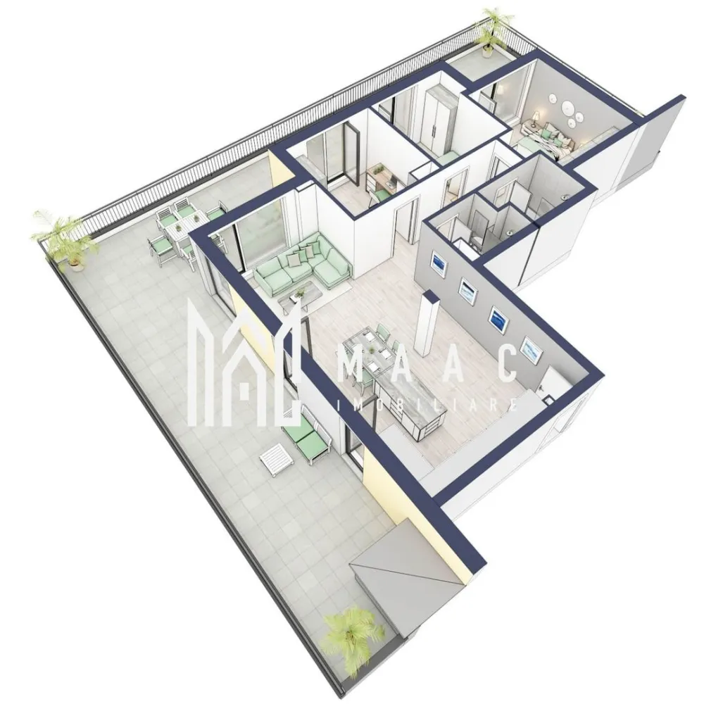 Penthouse 3 camere | Etaj 4 | Terasa 108 mp | Turnisor - MAAC Imobiliare are plăcerea de a vă prezenta o oportunitate excepțională de a achiziționa un apartament modern, situat la etajul 4, cu o suprafață totală de 193.4 m², amplasat în noul ansamblu rezidențial GreenHill, zona Turnișor. Acest ansamblu rezidențial, cu intabularea în toamna 2026, oferă locuințe de înaltă calitate și facilități premium, proiectate pentru a satisface cele mai exigente cerințe.

Detalii Apartament:
Suprafața Totală: 193.4 m²

Compartimentare:

Bucatarie + Living - 35,6 m²
Dormitor - 13,1 m²
Dormitor 2 - 10,3 m²
Baie - 4,0 m²
Baie 2 (WC) - 3,5 m²
Hol - 5,5 + 4,3 m²
Suprafata balcon - 108 m²

Caracteristici și Dotări:

Preț: € 284.350 cu 21% TVA inclus.
Apartamentul se vinde în stadiul de "la alb avansat".

Facilități Premium:
Boxă la subsol: Spațiu suplimentar de depozitare pentru confortul dvs.
Rulouri electrice la dormitoare: Confort sporit și intimitate.
Încălzire în pardoseală: Eficiență termică și confort maxim.
Lift: Acces facil și rapid la etaje.
Terasa: Spațiu exterior generos pentru relaxare.
Baie cu cadă: Design modern și funcționalitate.

Descriere Ansamblu Rezidențial:
GreenHill este un ansamblu rezidențial de lux, situat într-o zonă liniștită și accesibilă din Turnișor. Proiectul a fost conceput pentru a oferi locatarilor un stil de viață modern și confortabil, punând accent pe calitate, design și funcționalitate. Cu o gamă variată de facilități și dotări premium, GreenHill reprezintă alegerea ideală pentru cei care doresc să se bucure de un cămin primitor și elegant.

Apartamentele vor fi intabulate in toamna anului 2026.

Pentru Mai Multe Informații și Vizionări
Nu ratați ocazia de a deveni proprietarul acestui apartament deosebit! Pentru mai multe detalii și programări pentru vizionări, vă rugăm să contactați agenții noștri de la MAAC Imobiliare. Suntem aici pentru a vă oferi toate informațiile de care aveți nevoie și pentru a vă ghida în procesul de achiziție.

Apartamentul A33 Blocul A.

Pentru mai multe detalii, precizati telefonic ca ati vizionat anuntul cu ID: CP2287172.

MAAC Imobiliare - Partenerul Dumneavoastră de Încredere în Imobiliare.