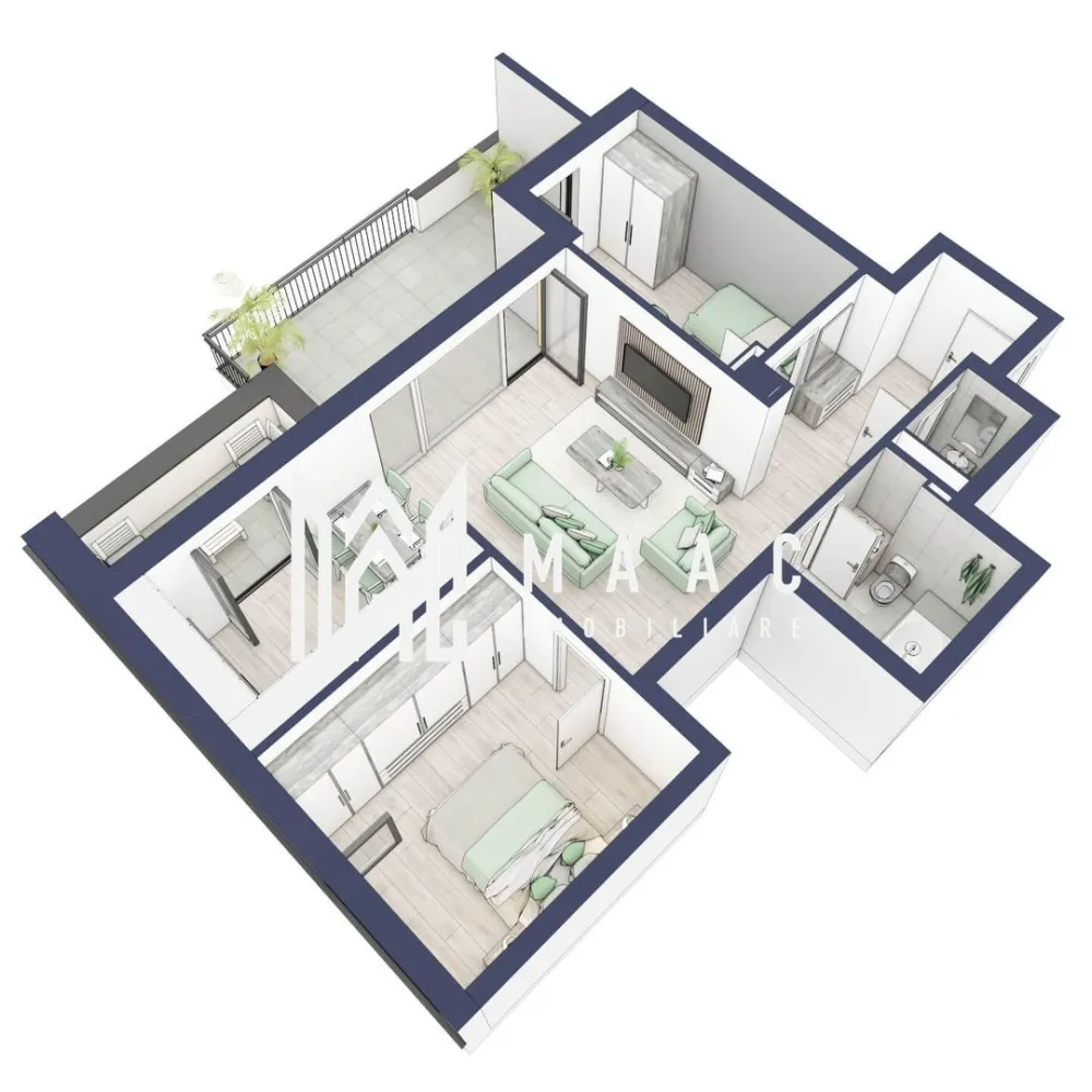Apartament 3 camere | Balcon 22.2 mp | Etaj 3 | Turnisor - MAAC Imobiliare are plăcerea de a vă prezenta o oportunitate excepțională de a achiziționa un apartament modern, situat la etajul 3, cu o suprafață totală de 88.4 m², amplasat în noul ansamblu rezidențial GreenHill, zona Turnișor. Acest ansamblu rezidențial, cu intabularea în vara 2026, oferă locuințe de înaltă calitate și facilități premium, proiectate pentru a satisface cele mai exigente cerințe.

Detalii Apartament:
Suprafața Totală: 88.4 m²

Compartimentare:
Bucatarie + Living - 30,2 m²
Dormitor - 12,6 m²
Dormitor 2 - 11,0 m²
Baie - 4,8 m²
Baie 2 (WC) - 1,6 m²
Hol - 6,0 m²
Suprafata balcon - 22,2 m²

Caracteristici și Dotări:

Cu 19% TVA: € 177.310
Apartamentul se vinde în stadiul de "la alb".

Facilități Premium:
Boxă la subsol: Spațiu suplimentar de depozitare pentru confortul dvs.
Rulouri electrice la dormitoare: Confort sporit și intimitate.
Încălzire în pardoseală: Eficiență termică și confort maxim.
Lift: Acces facil și rapid la etaje.
Terasa: Spațiu exterior generos pentru relaxare.
Baie cu cadă: Design modern și funcționalitate.

Descriere Ansamblu Rezidențial
GreenHill este un ansamblu rezidențial de lux, situat într-o zonă liniștită și accesibilă din Turnișor. Proiectul a fost conceput pentru a oferi locatarilor un stil de viață modern și confortabil, punând accent pe calitate, design și funcționalitate. Cu o gamă variată de facilități și dotări premium, GreenHill reprezintă alegerea ideală pentru cei care doresc să se bucure de un cămin primitor și elegant.

Apartamentele vor fi intabulate in vara 2026 si se vor preda in toamna anului 2026.

Pentru Mai Multe Informații și Vizionări
Nu ratați ocazia de a deveni proprietarul acestui apartament deosebit! Pentru mai multe detalii și programări pentru vizionări, vă rugăm să contactați agenții noștri de la MAAC Imobiliare. Suntem aici pentru a vă oferi toate informațiile de care aveți nevoie și pentru a vă ghida în procesul de achiziție.

Pentru mai multe detalii, precizati telefonic ca ati vizionat anuntul cu ID: CP2287166.

MAAC Imobiliare - Partenerul Dumneavoastră de Încredere în Imobiliare.