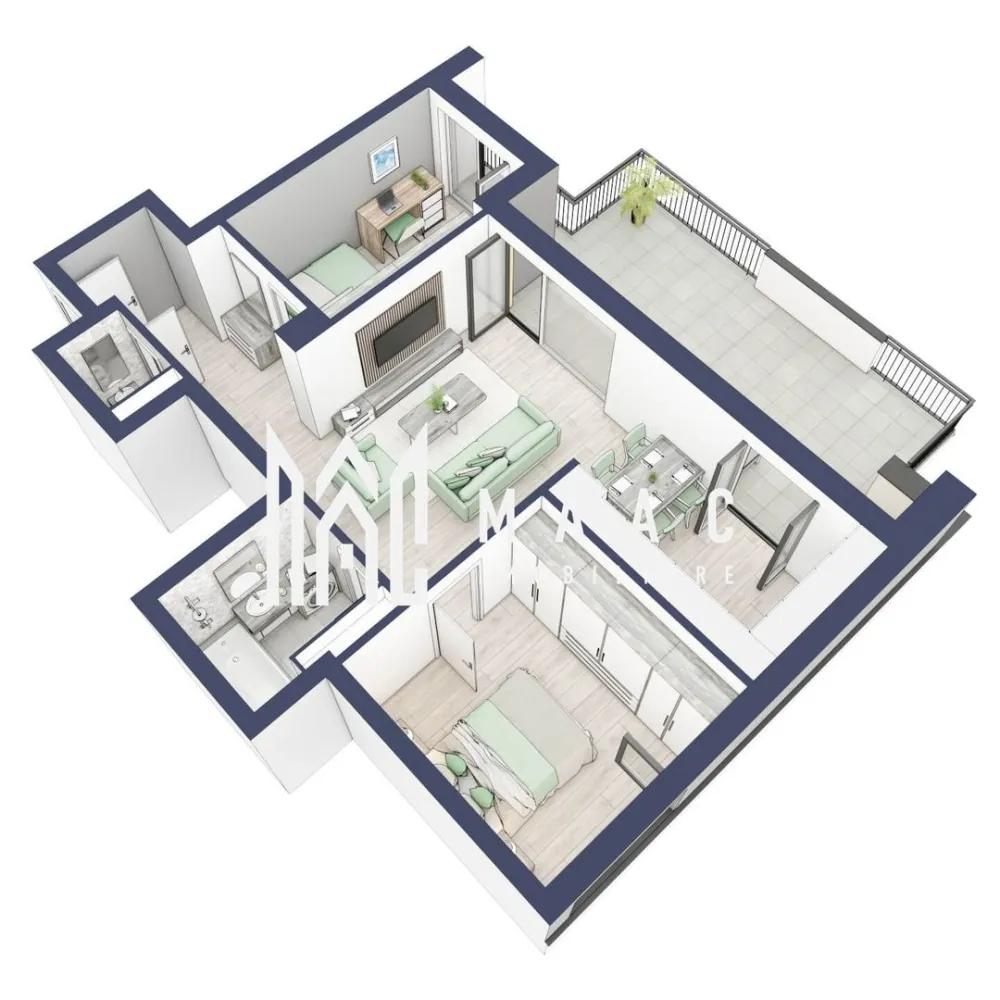 Apartament 3 camere | Balcoane 27.4 mp | Etaj 3 | Turnisor - MAAC Imobiliare are plăcerea de a vă prezenta o oportunitate excepțională de a achiziționa un apartament modern, situat la etajul 3, cu o suprafață totală de 83.9 m², amplasat în noul ansamblu rezidențial GreenHill, zona Turnișor. Acest ansamblu rezidențial, cu intabularea în toamna 2026, oferă locuințe de înaltă calitate și facilități premium, proiectate pentru a satisface cele mai exigente cerințe.

Detalii Apartament:
Suprafața Totală: 83.9 m²

Compartimentare:
Bucatarie + Living - 29,8 m²
Dormitor - 13,1 m²
Dormitor 2 - 10,8 m²
Baie - 4,9 m²
Baie 2 (WC) - 1,6 m²
Hol - 6,2 m²
Suprafata balcon - 27,4 m²

Caracteristici și Dotări:

Preț: € 168.190 cu 21% TVA inclus.
Apartamentul se vinde în stadiul de "la alb".

Facilități Premium:
Boxă la subsol: Spațiu suplimentar de depozitare pentru confortul dvs.
Rulouri electrice la dormitoare: Confort sporit și intimitate.
Încălzire în pardoseală: Eficiență termică și confort maxim.
Lift: Acces facil și rapid la etaje.
Terasa: Spațiu exterior generos pentru relaxare.
Baie cu cadă: Design modern și funcționalitate.

Descriere Ansamblu Rezidențial
GreenHill este un ansamblu rezidențial de lux, situat într-o zonă liniștită și accesibilă din Turnișor. Proiectul a fost conceput pentru a oferi locatarilor un stil de viață modern și confortabil, punând accent pe calitate, design și funcționalitate. Cu o gamă variată de facilități și dotări premium, GreenHill reprezintă alegerea ideală pentru cei care doresc să se bucure de un cămin primitor și elegant.

Apartamentele vor fi intabulate in toamna anului 2026.

Pentru Mai Multe Informații și Vizionări
Nu ratați ocazia de a deveni proprietarul acestui apartament deosebit! Pentru mai multe detalii și programări pentru vizionări, vă rugăm să contactați agenții noștri de la MAAC Imobiliare. Suntem aici pentru a vă oferi toate informațiile de care aveți nevoie și pentru a vă ghida în procesul de achiziție.

Apartamentul A30 Blocul A.

Pentru mai multe detalii, precizati telefonic ca ati vizionat anuntul cu ID: CP2287158.

MAAC Imobiliare - Partenerul Dumneavoastră de Încredere în Imobiliare.