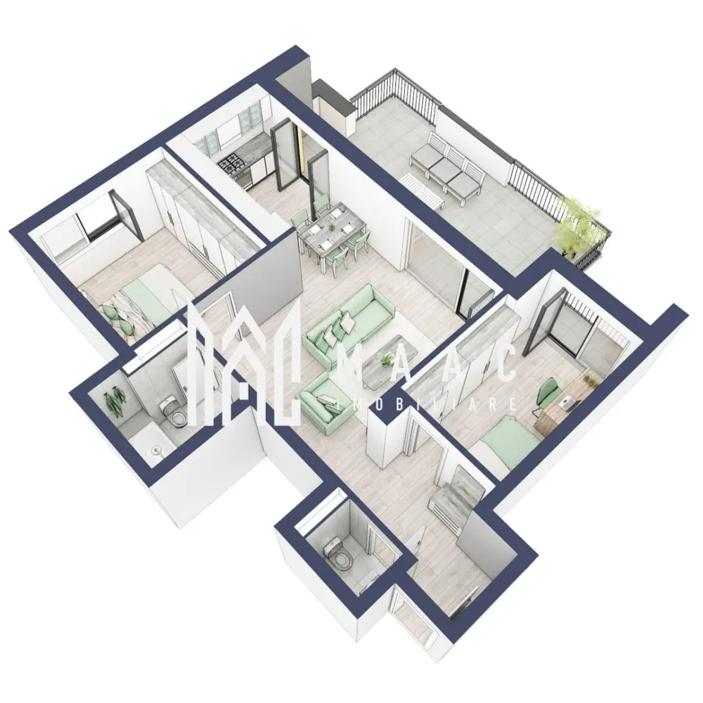 Apartament 3 camere | Balcon 27.3 mp | Etaj 3 | Turnisor - MAAC Imobiliare are plăcerea de a vă prezenta o oportunitate excepțională de a achiziționa un apartament modern, situat la etajul 3, cu o suprafață totală de 93.8 m², amplasat în noul ansamblu rezidențial GreenHill, zona Turnișor. Acest ansamblu rezidențial, cu intabularea în vara 2026, oferă locuințe de înaltă calitate și facilități premium, proiectate pentru a satisface cele mai exigente cerințe.

Detalii Apartament:
Suprafața Totală: 93.8 m²

Compartimentare:
Bucatarie + Living - 29,9 m²
Dormitor - 13,1 m²
Dormitor 2 - 10,7 m²
Baie - 4,9 m²
Baie 2 (WC) - 1,6 m²
Hol - 6,3 m²
Suprafata balcon - 27,3 m²

Caracteristici și Dotări:

Cu 19% TVA: € 165.410
Apartamentul se vinde în stadiul de "la alb".

Facilități Premium:
Boxă la subsol: Spațiu suplimentar de depozitare pentru confortul dvs.
Rulouri electrice la dormitoare: Confort sporit și intimitate.
Încălzire în pardoseală: Eficiență termică și confort maxim.
Lift: Acces facil și rapid la etaje.
Terasa: Spațiu exterior generos pentru relaxare.
Baie cu cadă: Design modern și funcționalitate.

Descriere Ansamblu Rezidențial
GreenHill este un ansamblu rezidențial de lux, situat într-o zonă liniștită și accesibilă din Turnișor. Proiectul a fost conceput pentru a oferi locatarilor un stil de viață modern și confortabil, punând accent pe calitate, design și funcționalitate. Cu o gamă variată de facilități și dotări premium, GreenHill reprezintă alegerea ideală pentru cei care doresc să se bucure de un cămin primitor și elegant.

Apartamentele vor fi intabulate in vara 2026 si se vor preda in toamna anului 2026.

Pentru Mai Multe Informații și Vizionări
Nu ratați ocazia de a deveni proprietarul acestui apartament deosebit! Pentru mai multe detalii și programări pentru vizionări, vă rugăm să contactați agenții noștri de la MAAC Imobiliare. Suntem aici pentru a vă oferi toate informațiile de care aveți nevoie și pentru a vă ghida în procesul de achiziție.

Pentru mai multe detalii, precizati telefonic ca ati vizionat anuntul cu ID: CP2287152.

MAAC Imobiliare - Partenerul Dumneavoastră de Încredere în Imobiliare.