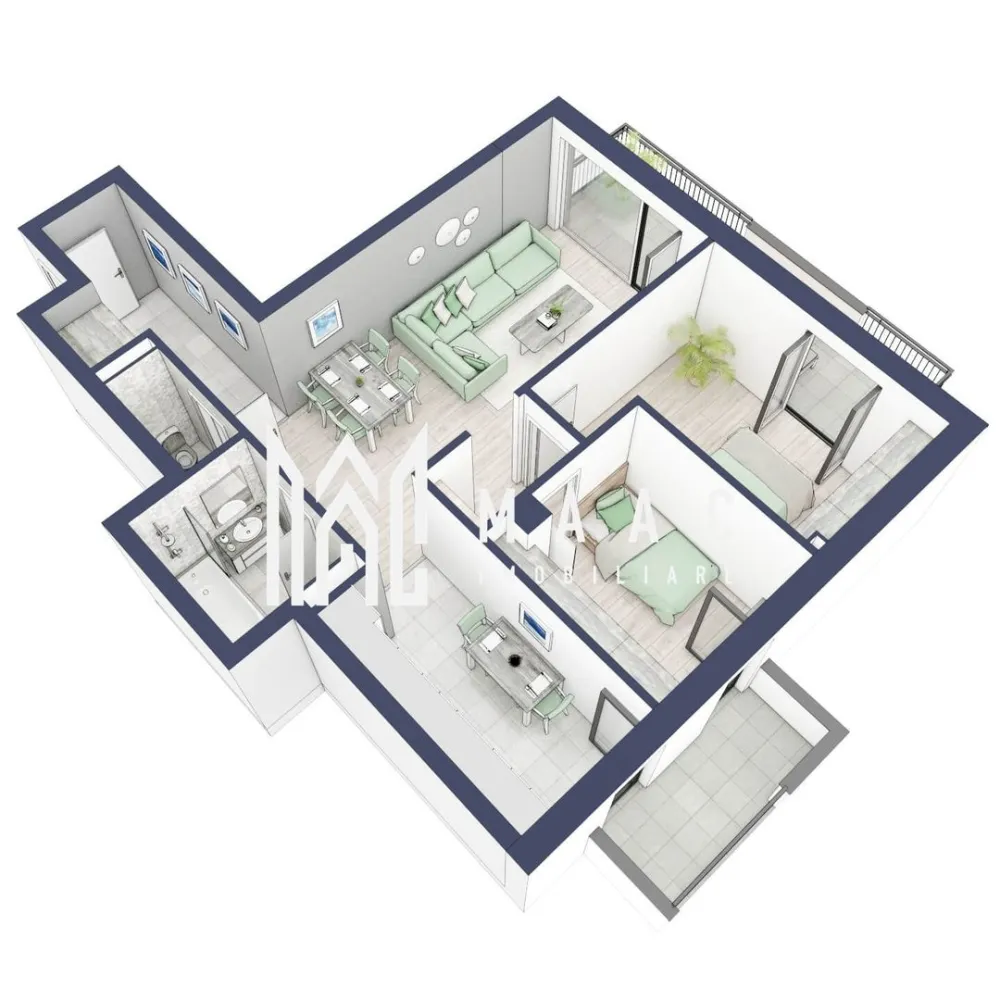 Apartament 3 camere | Balcoane 16.1 mp | Etaj 2 | Turnisor - MAAC Imobiliare are plăcerea de a vă prezenta o oportunitate excepțională de a achiziționa un apartament modern, situat la etajul 2, cu o suprafață totală de 86.3 m², amplasat în noul ansamblu rezidențial GreenHill, zona Turnișor. Acest ansamblu rezidențial, cu intabularea în vara 2026, oferă locuințe de înaltă calitate și facilități premium, proiectate pentru a satisface cele mai exigente cerințe.

Detalii Apartament:
Suprafața Totală: 86.3 m²

Compartimentare:
Bucatarie - 8,9 m²
Living - 25,7 m²
Dormitor - 12,6 m²
Dormitor 2 - 8,7 m²
Baie - 4,7 m²
Baie 2 (WC) - 2,0 m²
Hol - 5,8 m²
Sas - 1,8 m²
Suprafata balcon - 11,7 + 4,4 m²

Caracteristici și Dotări:

Cu 19% TVA: € € 154.581
Apartamentul se vinde în stadiul de "la alb".

Facilități Premium:
Boxă la subsol: Spațiu suplimentar de depozitare pentru confortul dvs.
Rulouri electrice la dormitoare: Confort sporit și intimitate.
Încălzire în pardoseală: Eficiență termică și confort maxim.
Lift: Acces facil și rapid la etaje.
Terasa: Spațiu exterior generos pentru relaxare.
Baie cu cadă: Design modern și funcționalitate.

Descriere Ansamblu Rezidențial
GreenHill este un ansamblu rezidențial de lux, situat într-o zonă liniștită și accesibilă din Turnișor. Proiectul a fost conceput pentru a oferi locatarilor un stil de viață modern și confortabil, punând accent pe calitate, design și funcționalitate. Cu o gamă variată de facilități și dotări premium, GreenHill reprezintă alegerea ideală pentru cei care doresc să se bucure de un cămin primitor și elegant.

Apartamentele vor fi intabulate in vara 2026 si se vor preda in toamna anului 2026.

Pentru Mai Multe Informații și Vizionări
Nu ratați ocazia de a deveni proprietarul acestui apartament deosebit! Pentru mai multe detalii și programări pentru vizionări, vă rugăm să contactați agenții noștri de la MAAC Imobiliare. Suntem aici pentru a vă oferi toate informațiile de care aveți nevoie și pentru a vă ghida în procesul de achiziție.

Pentru mai multe detalii, precizati telefonic ca ati vizionat anuntul cu ID: CP2287138.

MAAC Imobiliare - Partenerul Dumneavoastră de Încredere în Imobiliare.