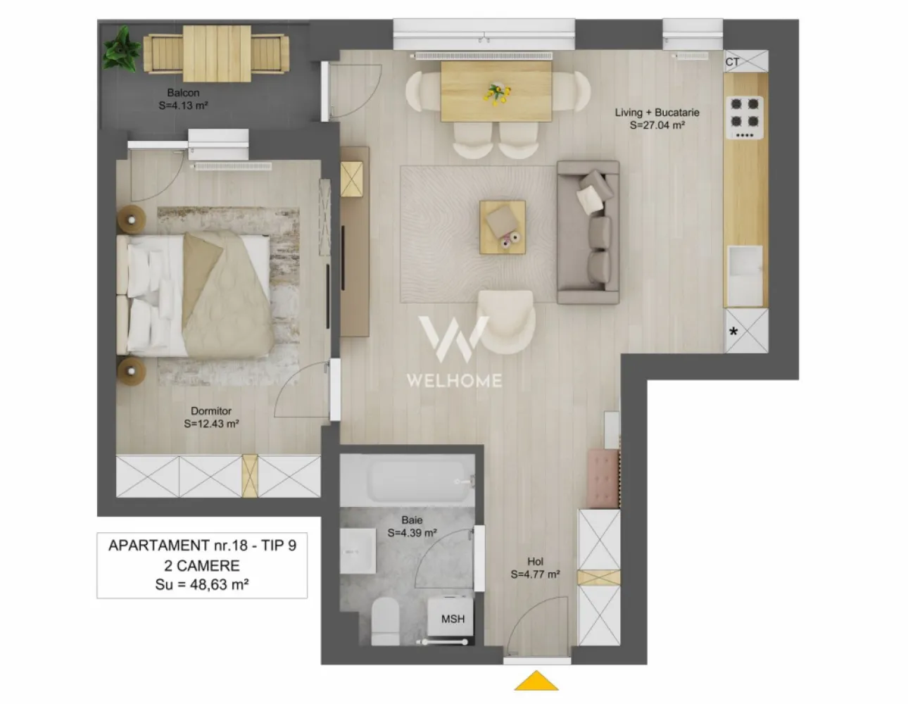 Apartament 2 Camere de Vânzare – Sibiu, Str. Doamna Stanca - Vă oferim oportunitatea de a achiziționa un apartament cu 2 camere într-un imobil nou dotat cu lift, situat în una dintre cele mai căutate zone imobiliare din Sibiu, pe strada Doamna Stanca. Localizarea strategică oferă acces imediat către Shopping City Sibiu, Kaufland și principalele puncte de interes urban.

Specificații și Compartimentare
Apartamentul este situat într-un bloc cu regim de înălțime P+6E+ER și dispune de o suprafață utilă de 48.6 mp, fiind proiectat pentru a oferi un confort optim:
Dormitor: 1
Living cu bucătărie open-space
Baie și hol
Balcon: 4.13 mp

Dotări și Stadiul de Predare
Proprietatea se distinge prin calitatea construcției și flexibilitatea finisării. Exteriorul imobilului și spațiile comune (casa scării, liftul) se predau complet finalizate.

Predarea la cheie include:
Centrală termică proprie și calorifere montate.
Geamuri termopan de înaltă calitate.
Pereți finisați cu lavabilă, parchet, gresie și faianță.
Instalații electrice, termice și sanitare complete.
Ușă metalică la intrare și interfon.
Sistem de contorizare individuală.

Facilități și Parcare
Loc de parcare inclus: Fiecare apartament beneficiază de un loc de parcare delimitat, inclus în prețul de vânzare.

Localizare: Proximitate directă față de școli, grădinițe, clinici medicale și rețeaua de transport în comun.

Modalități de Plată și Prețuri
Achiziția se realizează direct de la dezvoltator, cu comision 0% pentru cumpărător. Se acceptă atât plata cash, cât și prin credit bancar.

Preț Semifinisat: 97.500 Euro (TVA inclus)
Preț La Cheie: 103.700 Euro (TVA inclus)

Contactați-ne pentru detalii suplimentare și programarea unei vizionări
Locație: Str. Doamna Stanca, Sibiu (Zona Kaufland/Mall)
