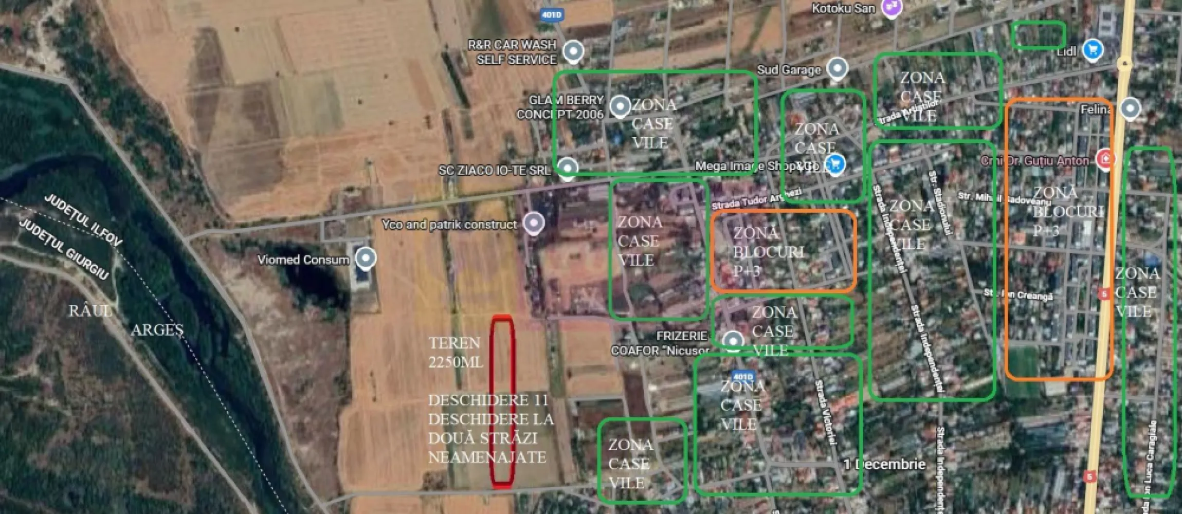 Teren Investiție aproape de București - Teren 2250mp aflat la 15 minute de București în localitatea 1 Decembrie bun pentru investiție. Terenul se află la 200ml de strada Artiștilor, stradă asfaltată și care se bucură de toate utilitățile (apă curent gaz canalizare) și la 1km de intersecția Artiștilor cu DN5 (giratoriul unde se află Supermarketul Lidl) iar la mai puțin de 500ml se află Râul Argeș. Terenul se află între două străzi neamenajate - Strada Codrului și Strada Zăvoiului și este format din două loturi alăturate. Deschiderea la drum este de 11ml, deschidere dublă, și la Codrului și la Zăvoiului și are o adâncime de 200 ml. În prezent terenul se află lângă două grădini de legume și se poate exploata pentru agricultură sau folosi pentru depozitare sau diferite activități evident nepoluante deoarece la nici 300ml sunt locuințe. Proprietar persoană fizică. Pentru mai multe detalii și programare de vizionări nu ezitați să contactați consultantul Apulum94 Daniel Duta.