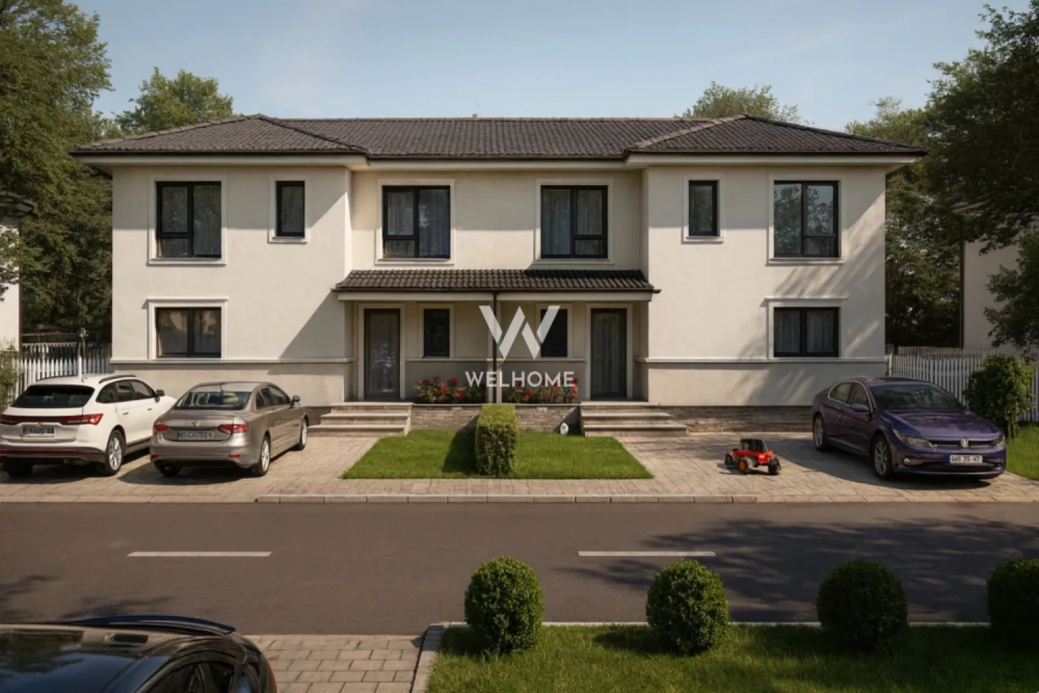 Proiect NOU de case,Sura Mica, Sibiu COMISION 0 - Situat într-un ansamblul rezidențial nou cu 100 de case, tip duplex si individuale, la doar câteva minute de Sibiu, acest duplex poate deveni acasă pentru tine.

- Suprafata utila: 102 mp
- Suprafata teren: 300 mp, curte libera: 219 mp
Compartimentare:
Parter: living, bucatarie, baie, iesire pe terasa de 10 mp.
Etaj: 3 dormitoare, baie, casa scarii.
+ Pod de 61 mp.

- Predare LA ALB la INTERIOR: Pereți tencuiți, gletuiți, plus strat de amorsă, pardoseli cu șapă mecanizată, instalații electrice, tablou electric curenți tari și curenți slabi, instalație sanitară completă, fără obiecte sanitare, centrală termică Ariston de 24 kW, încălzire în pardoseală Uponor, infrastructură cablată pentru termostate, ușă la intrare.
- Casa se preda LA CHEIE la EXTERIOR: Fațade cu tencuială decorativă, tâmplărie din PVC cu 3 foi de sticlă și profil de 5 camere, glafuri la geamuri, pe exterior, contoare de utilități montate la limita de proprietate (apometru, electric, gaz), gard alb în stil american, cu poartă de acces pietonală, 2 locuri de parcare pavate cu dale din beton - în fața casei, alei și trotuare amenajate în jurul fiecărei locuințe.

Caracteristici constructie: Cadre din beton armat, zidărie portantă din cărămidă de 25 cm și compartimentări din cărămidă de 11,5 / 25 cm, duplexurile au perete dublu din cărămidă de 25 cm, cu strat termoizolant între unități, termoizolație cu polistiren de 15 cm, planșeu din beton inclusiv între etajul 1 și pod, acoperiș tip șarpantă din lemn, cu învelitoare din țiglă ceramică gri, terasă acoperită cu țiglă ceramică gri. 

Pret: 155.000 euro + Tva 

* Se accepta plata cu credit ipotecar cu avans minim 25%. 
* Se accepta si plata cu criptomonede.