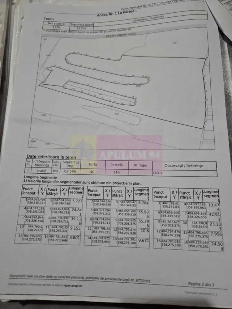 9,4 ha teren lângă DEx12 Pitești | 2,85 €/mp | loturi sau pachet - Teren agricol situat în Albota, in apropiere de Drumul Expres Craiova–Pitești (DEx12).
Proprietatea este formată din două terenuri extravilane cu cărți funciare separate. Se pot cumpăra individual sau împreună.
Suprafață totală disponibilă
94.227 mp (aprox. 9,4 ha)

Structura proprietății :

Teren 1
62.596 mp
Preț: 2,95 €/mp
Preț total: 184.650 €

Teren 2
31.631 mp
Preț: 3,10 €/mp
Preț total: 98.056 €

Achiziție pachet integral
94.227 mp
Preț: 2,85 €/mp
Preț total: 268.500 €

Date tehnice :

- teren extravilan
- categorie folosință: arabil
- acces din drum de exploatare
- cărți funciare individuale
- fără sarcini în cartea funciară

Localizare :

Proprietatea se află în zona agricolă a comunei Albota, cu acces rapid către Pitești și în imediata apropiere a Drumul Expres Craiova–Pitești (DEx12).
Ruta fizică de la DEx12 la terenuri e următoarea:DEx12 → Nod rutier Albota/Podu Broșteni → DN65 sau DN65A (drumuri naționale, acces garantat) → drum comunal sau DJ 703A prin zona Cerbu → drum de exploatare (De) pe latura estică → terenuri CF 5120 + CF 13199
Terenul beneficiază de acces garantat printr-un drum de exploatare agricolă aflat în proprietatea statului, marcat ca atare în planul cadastral. Racordarea la Drumul Expres Craiova–Pitești (DEx12), în imediata vecinătate, este posibilă prin procedura legală CNAIR, la inițiativa cumpărătorului, în funcție de destinația aleasă.

Loturile de teren se pot vinde individual sau împreună.
Documentația cadastrală completă este disponibilă pentru verificare.