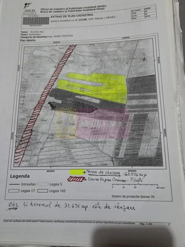 9,4 ha teren lângă DEx12 Pitești | 2,85 €/mp | loturi sau pachet - Teren agricol situat în Albota, in apropiere de Drumul Expres Craiova–Pitești (DEx12).
Proprietatea este formată din două terenuri extravilane cu cărți funciare separate. Se pot cumpăra individual sau împreună.
Suprafață totală disponibilă
94.227 mp (aprox. 9,4 ha)

Structura proprietății :

Teren 1
62.596 mp
Preț: 2,95 €/mp
Preț total: 184.650 €

Teren 2
31.631 mp
Preț: 3,10 €/mp
Preț total: 98.056 €

Achiziție pachet integral
94.227 mp
Preț: 2,85 €/mp
Preț total: 268.500 €

Date tehnice :

- teren extravilan
- categorie folosință: arabil
- acces din drum de exploatare
- cărți funciare individuale
- fără sarcini în cartea funciară

Localizare :

Proprietatea se află în zona agricolă a comunei Albota, cu acces rapid către Pitești și în imediata apropiere a Drumul Expres Craiova–Pitești (DEx12).
Ruta fizică de la DEx12 la terenuri e următoarea:DEx12 → Nod rutier Albota/Podu Broșteni → DN65 sau DN65A (drumuri naționale, acces garantat) → drum comunal sau DJ 703A prin zona Cerbu → drum de exploatare (De) pe latura estică → terenuri CF 5120 + CF 13199
Terenul beneficiază de acces garantat printr-un drum de exploatare agricolă aflat în proprietatea statului, marcat ca atare în planul cadastral. Racordarea la Drumul Expres Craiova–Pitești (DEx12), în imediata vecinătate, este posibilă prin procedura legală CNAIR, la inițiativa cumpărătorului, în funcție de destinația aleasă.

Loturile de teren se pot vinde individual sau împreună.
Documentația cadastrală completă este disponibilă pentru verificare.