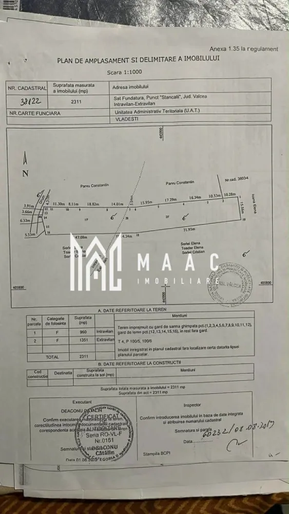 Teren Vladesti | 2311 mp | Intravilan +extravilan | - MAAC Imobiliare vă propune spre vânzare un teren situat în Vlădești,sat Fundatura – Vâlcea, într-o zonă liniștită și apreciată, ideală pentru construcția unei locuințe, investiție sau dezvoltare pe termen lung. Proprietatea beneficiază de o suprafață totală de 2311 mp, având atât teren intravilan, cât și extravilan, oferind multiple posibilități de utilizare.
Poziționarea terenului oferă un cadru natural plăcut, liniște și acces facil către oraș, fiind alegerea potrivită pentru cei care își doresc spațiu, intimitate și potențial de dezvoltare.
Caracteristici:
Teren situat în Vlădești – Vâlcea
Suprafață totală de 2311 mp
Categorie mixtă: intravilan + extravilan
Zonă liniștită și aerisită
Ideal pentru construcție sau investiție
Acces facil către oraș
Avantaje:
Potențial excelent pentru dezvoltare
Cadru natural și liniștit
Posibilitate de amenajare locuință sau casă de vacanță
Acces rapid către principalele puncte de interes
Suprafață generoasă
Pentru mai multe informații și programarea unei vizionări, echipa MAAC Imobiliare vă stă la dispoziție. ID 3095493