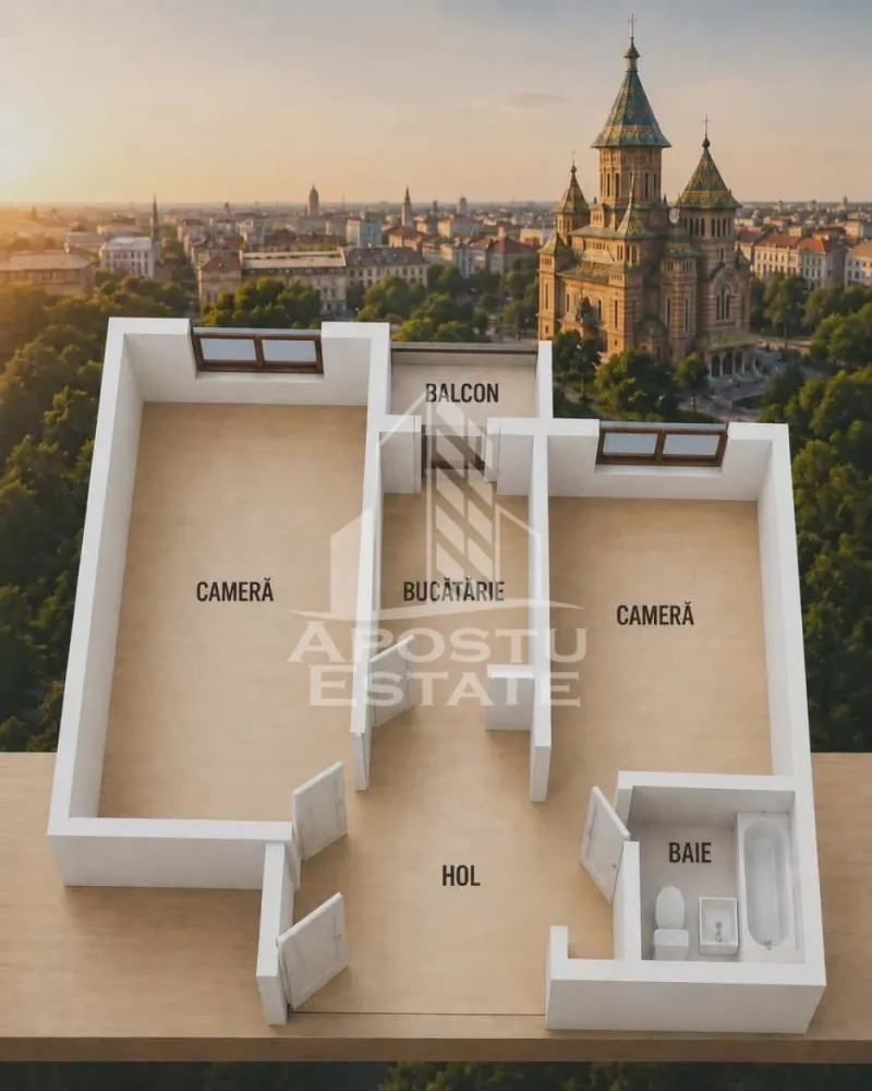 Apartment cu 2 camere, de vanzare, zona Soarelui, Timisoara - Agentia imobiliara APOSTU ESTATE va ofera spre vanzare un apartament 2 camere,decomandat, localizat in judetul Timis, Timisoara, zona Soarelui.

Apartamentul are o suprafata de 51mp utili + balcon si este situat la etajul 2 al unui bloc cu 4 etaje.

- Hol de acces

- Bucatarie

-Living

-Dormitor

- Baie

-Balcon

Confortul termic este asigurat prin intermediul termoficarii, dar se poate monta centrala proprie.

Zona cu numeroase facilitati si puncte de interes precum: acces rapid si usor la mijloacele de transport in comun, si alte supermarket-uri in apropiere, farmacii, institutii de invatamant, restaurante, baruri, cafenele si multe altele.

Agentia imobiliara Apostu Estate va ofera consultanta bancara gratuita prin intermediul colaboratorilor nostri pentru alegerea celui mai potrivit tip de credit, astfel incat tu sa devi noul proprietar al acestui apartament.

Va asteptam cu drag la o vizionare!
CP3085747