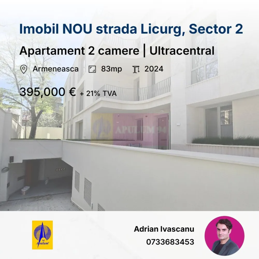 Apartament 83 mp, imobil boutique, Cartierul Armenesc - Apartament cu 2 camere, 83 mp utili, situat pe strada Licurg, în Cartierul Armenesc, într-un imobil boutique nou, finalizat în 2024, cu doar 11 apartamente.
Este o proprietate pentru cine caută mai mult decât o adresă centrală. Imobilul are o comunitate restrânsă, discretă, cu rezidenți de profil bun, iar atmosfera generală este calmă, privată și elegantă.

Apartamentul este decomandat, bine proporționat și luminos, cu o suprafață rar întâlnită pentru un apartament cu 2 camere în zona centrală. 
Localizarea este unul dintre avantajele clare: Cartierul Armenesc, aproape de Piața Rosetti, Universitate, Grădina Icoanei, restaurante, cafenele și zone culturale. Ai centrul aproape, dar fără expunerea și zgomotul unui bulevard principal.

Avantaje:

- 83 mp utili
- 96 mp construiți
- 2 camere, decomandat
- imobil boutique finalizat în 2024
- doar 11 apartamente în clădire
- Cartierul Armenesc, zona protejata
- zonă centrală, discretă și bine cotată
- comunitate restrânsă, cu profil select
- parcare subterană disponibilă
- potrivit pentru locuire pe termen lung

Apartamentul se adresează unui chiriaș serios, cu profil stabil, care apreciază intimitatea, calitatea construcției și poziționarea centrală.

Contractul se semneaza pe un minim de 48 luni. Garantie - 2 luni ( returnabila la incheierea perioadei contractuale )

2 locuri de parcare per apartament. Pret per loc de parcare - 150 euro + TVA lunar.

Pentru detalii și programarea unei vizionări, mă puteți contacta direct.

Proiectul include o selecție diversă de apartamente cu 3 și 4 camere , caracterizate prin ferestre ample si terase spatioase.
EXTERIOR:

Rame din aluminiu:

Barieră termică ALIPLAST, culoare bej RAL 7044
Fixare mecanică pe cadru de oțel 30 x 30 mm
Geamuri triple:

Compoziție generală: Sticlă 6 mm 4S, distanțier 16 mm WE, sticlă float 4 mm, sticlă low E 6 mm
Parter spre stradă: Sticlă temperată KN 166 ESG 6 mm, distanțier 16 mm WE, sticlă float 4 mm, sticlă laminată low E 4.4.1 mm
Valoare U totală: 1,05 pentru rame și ferestre din aluminiu
PEISAGISTICĂ:

Design exterior:

Alee de intrare cu plăci ceramice
Drum de acces la subsol asfaltat
Mobilier urban pe platforme de beton, cu zone de flori integrate
Spații verzi:

Pe plăci de beton: Ghivece de plante (adâncime 50-70 cm), arbuști și gazon la rampa de intrare
Pe sol natural: Plantații de arbori și arbuști, gazon, pentru uz exclusiv apartamentelor 1 și 2
INTERIOR:

Pereți cu vopsea multistrat:

Trei straturi de vopsea albă lavabilă pe plăci de gips tencuite
Bază din bloc ceramic de 30 cm grosime