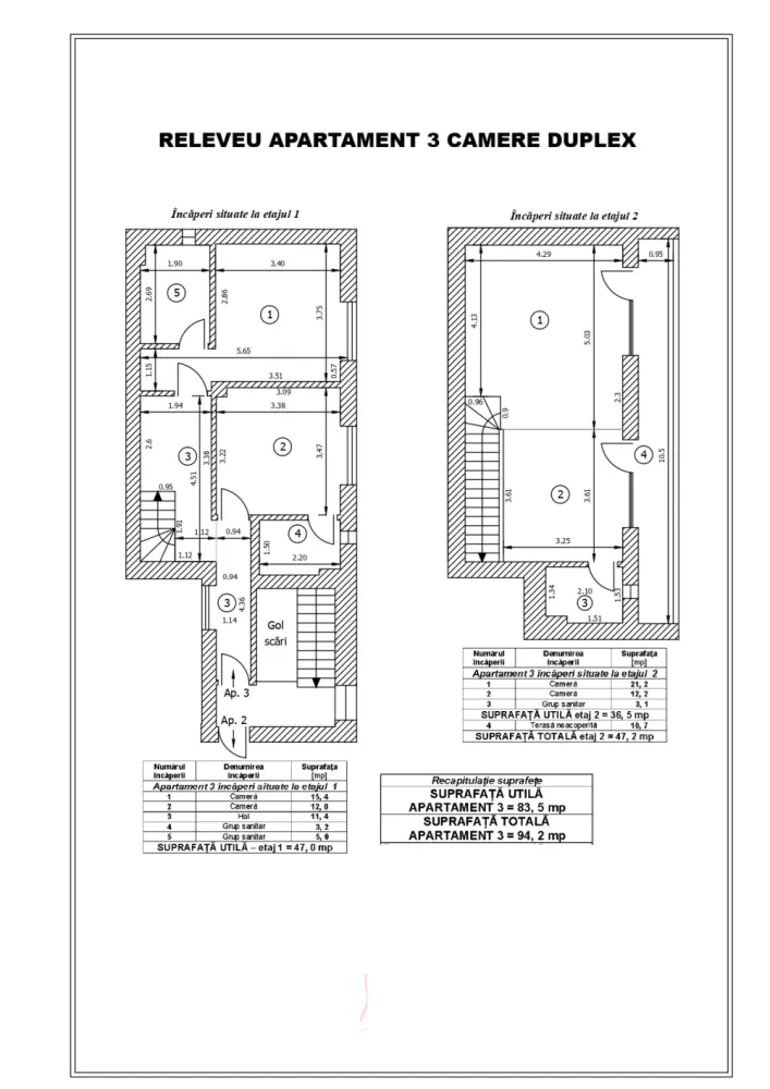 Bucurestii Noi-Miercani,apartament 3cam 2025,Duplex cu terasa+parcare,proprietar - Direct de la proprietarApartament deosebit tip duplex,pe 2 niveluri in imobil cu doar 3 apartamente : &nbsp;97mp Living+2 Dormitoare si 3 bai cu loc de parcare exterior &nbsp;inclus in pret precum si bucatarie mobilata si utilata cu electrocasnice.Imobil nou finalizat 2025, amplasat in zona Bucurestii Noi intre&nbsp;Bulevardul Bucurestii &nbsp;si Strada Fabrica de Caramida pe strada Miercani .Regim &nbsp;inaltime : Parter + 2 Etaje&nbsp;Apartamentul este impartit pe 2 niveluri.Acces pe scara interioara intre cele doua etaje, respectiv :- etajul 1 cu zona de noapte : 2 dormitoare +2 bai-etajul 2 cu zona de zi : living +bucatarie + baie + terasa generoasaImobil nou cu 3 apartamente.-Parter un apartament cu 3 camere cu curte proprie-Etajele 1 si 2, 2 apartamente duplex.Unul cu 2 camere si celalt cu 3 camere&nbsp;Apartamentul este finisat complet,cu incalzire in pardoseala si centrala termica proprie pe gaz.Deasemenea in pretul de vanzare este inclus si un loc de parcare &nbsp;exterior &nbsp;in proprietate.Imobilul beneficiaza de toate utilitatile necesare cu contorizare individuala : gaz,energie electrica,apa,canalizare cu contracte incheiate cu furnizorii respective de utilitati.Statia de metrou Laminorului se afla situata la 600ml fata de imobil la o distanta de 8 minute de mers pe jos,Parcul Bazilescu la maxim 15 minute .Se accepta credit bancar.