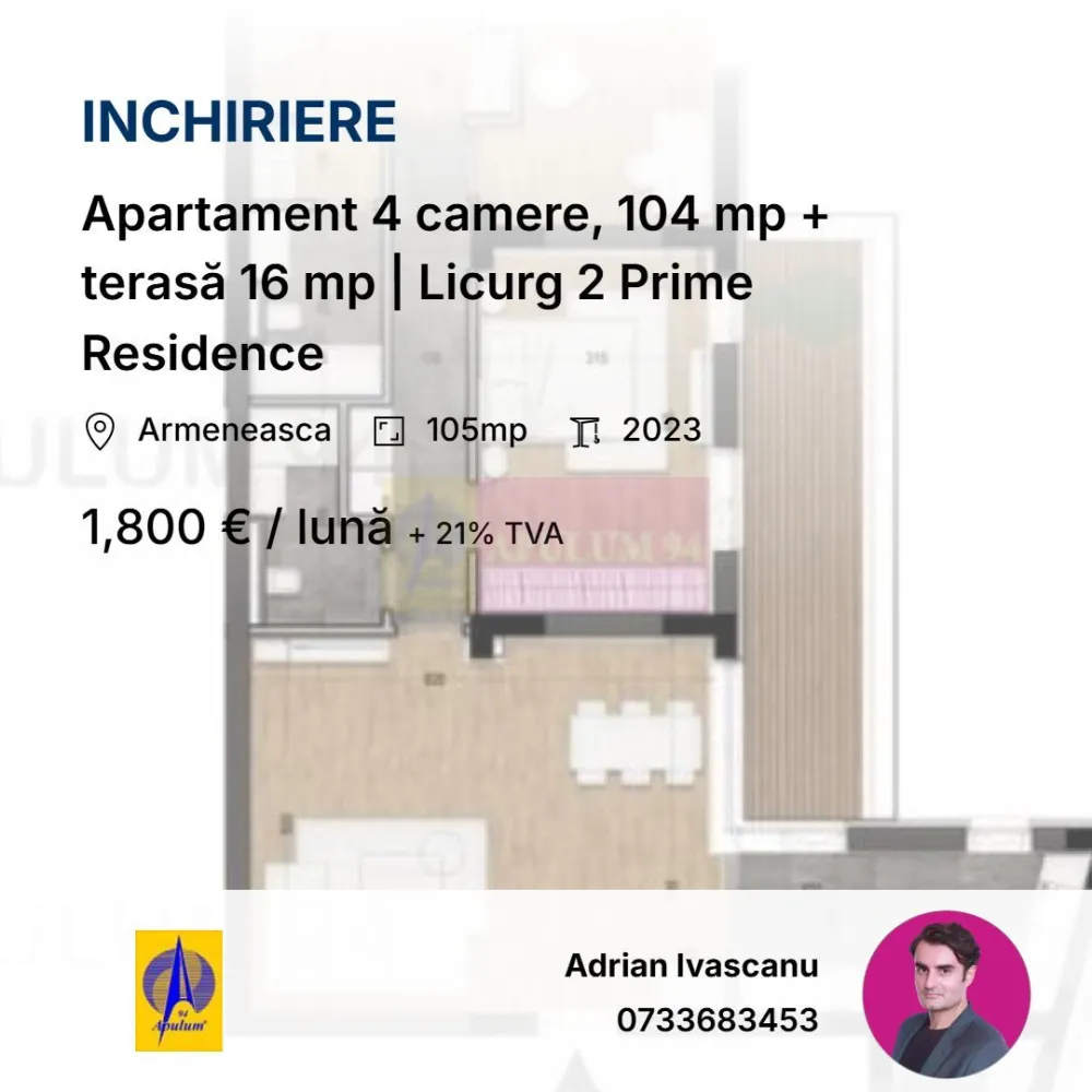 Apartament 4 camere, 104 mp + terasă 16 mp | Licurg 2 Prime Residence - Link video : 
https://www.youtube.com/watch?v=8TIb5Ij0SGA

Apartament cu 4 camere - Licurg 2 Prime Residence, la etajul 1/3. Suprafață utilă de 104,40 mp și terasă de 16,30 mp, însumând 120,70 mp. Imobil ultracentral, situat în zona exclusivistă a cartierului Armenesc, aproape de Piața Universității și Grădina Icoanei. Finisaje de calitate, compartimentare decomandată și lumină naturală din abundență. 
Conditii inchiriere:
Contract minim 24 luni. 1800 euro + TVA lunar. Se achita contravaloarea a doua luni garantie ( returnabila la incheierea perioadei contractuale ). Proprietarii nu accepta animale de companie. 
2 locuri de parcare per apartament. Parcare subterana. Pret per loc de parcare - 150 euro + TVA lunar.
Apartamentul se preda mobilat si utilat.

Licurg 2 Prime Residence este proiect rezidenţial boutique UNIC si impresionant, structurat pe S+P+2+3R, oferind 13 apartamente şi 24 de locuri de parcare subterane.
Proiectul include o selecţie diversă de apartamente cu 3 şi 4 camere , caracterizate prin ferestre ample ce permit luminii naturale să inunde spaţiile largi şi bine organizate. Fiecare apartament beneficiază de balcoane spaţioase, iar locuinţele de la parter oferă grădini private generoase, transformându-se într-o oază de linişte chiar în centrul oraşului.
Contact 0733683453 // adrian@apulum94.ro