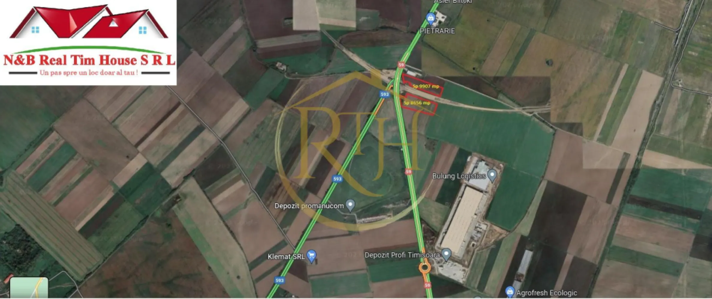 Oferim spre vanzare 2 parcele de teren situate langa Centura Sud - Oferim spre vanzare 2 parcele teren intravilan, situate chiar langa urcarea si coborarea de pe Centura Sud Timisoara . 
Suprafata teren 9907 mp si 8656 mp . 
Ideal pentru investitie . 
Proprietate reprezentata de RealTimHouse.ro . Un pas spre un loc doar al tau !
Pret : 60 euro/mp ( nu se plateste comision agentie ) .