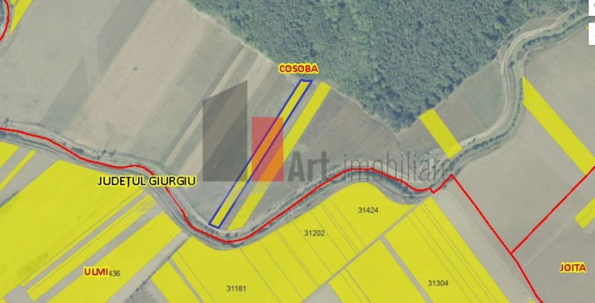 Teren Intravilan Padure Joita - Teren Intravilan construibil de vanzare langa padure, ideal constructii panouri sloare industial etc,Com Cosoba, Jud Giurgiu aflat la 15 min de mers cu masina pana la intrarea in Bucuresti, 2 Km pana la A1 si 1 km pana la A0 ce se construieste acum, reper Padurea Joita, avand o suprafata de 6100 mp si deschiderea de 21 ml la 1 strada si deschidere 20 ml la raul Ciorogarla  Pretul este negociabil.