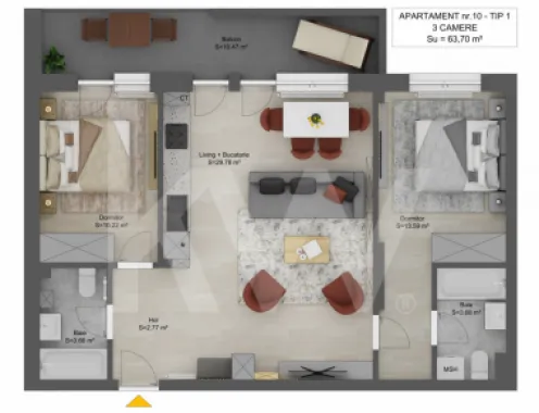 Apartament de vanzare 3 camere Sibiu Doamna Stanca 64mp finisat la alb