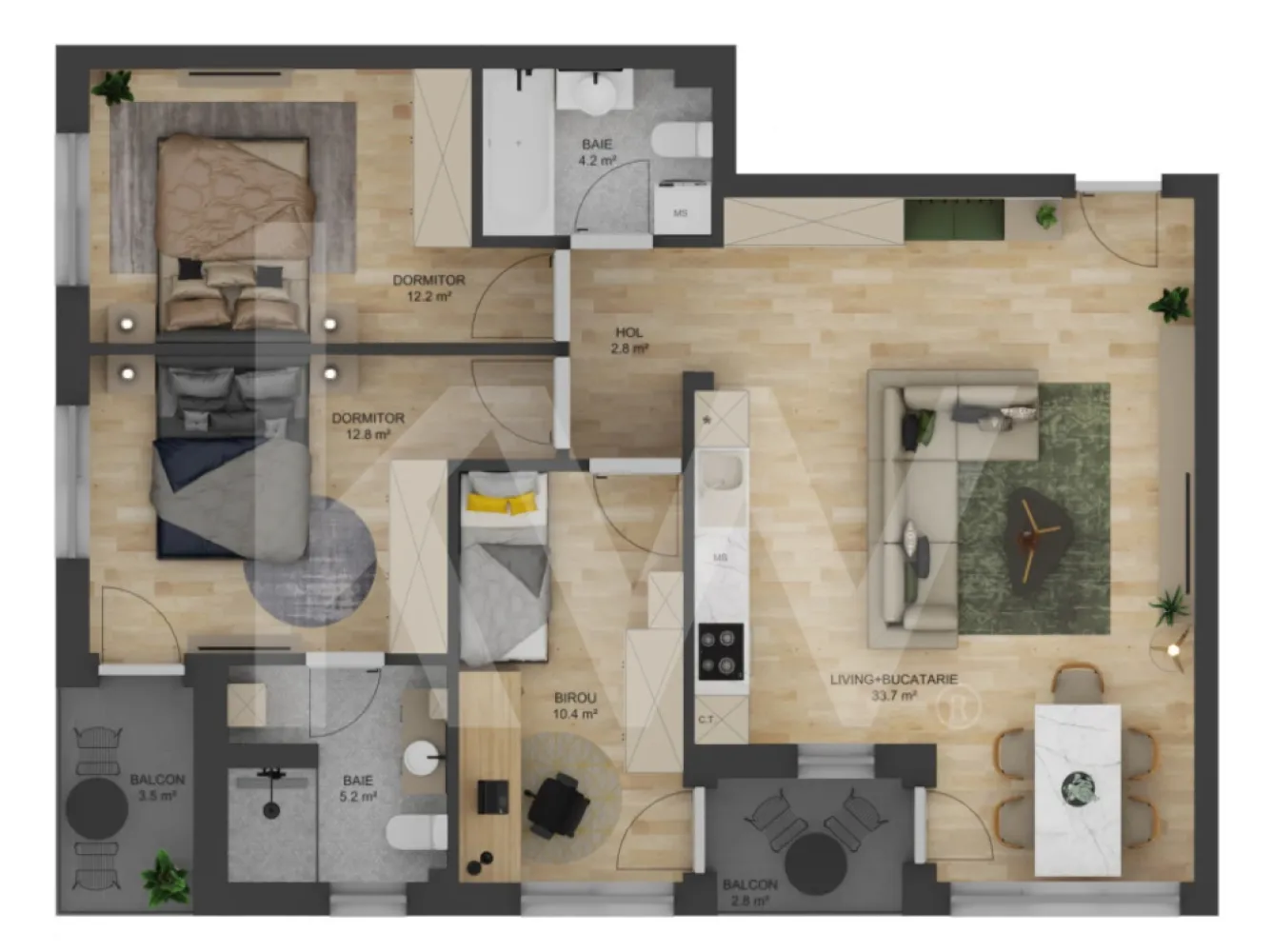 Apartament 4 camere - Tip II - 91,14 mp - Doamna Stanca - COMISION O CUMPĂRĂTOR - Apartamentele cu 4 camere, de tipul II, sunt amenajate pe o suprafață utilă de 91,4 mp/apartament + 3 balcoane cu suprafață totală de 11,2 mp.

În componența acestor apartamente intră un hol de 6,3 mp, un spațiu comun living și bucătărie cu suprafața de 39,1 mp, un birou de 10,2 mp, două dormitoare de 12,2 mp și 14,8 mp și două băi cu suprafețe de 4,4 mp.

Toate apartamentele sunt bine proporționate, compartimentate excelent pentru o viață modernă, pregătite și gândite în așa fel încât, fiecare spațiu să fie util vieții cotidiene.

Fiecare apartament va fi livrat la stadiul de semifinisat avansat, dotat cu centrală proprie de apartament în condensație și branșat individual la toate utilitățile orașului, și cu posibilitatea finisării la cheie.

Tâmplăria PVC folosită în cadrul proiectului va fi Salamander 6 camere de culoare gri la exterior și alb la interior.

Fiecare apartament beneficiază de:

- finisaje premium
- tâmplărie din profil PVC (6 camere) cu geam termopan, 3 foi de sticlă
- ușă metalică de intrare în apartament
- casa scării finisată la cheie
- parcarea amenajată cu dale din beton
- instalație de încălzire, cu centrală și calorifere din oțel
- racorduri apă-canal în baie și bucătărie
- racord de gaz metan la bucătărie pentru centrala și mașina de gătit
- instalație electrică interioară
- șapă
- pereți exteriori din zidărie de cărămidă, de 25 cm grosime
- izolație termică cu polistiren de 10 cm, la pereți exteriori
- tencuieli mecanizate la pereți interiori
- pereți despărțitori din cărămidă
- tavane tencuite
- instalații de contorizare pentru gaz, curent electric și apă rece, inclusiv branșamentele
- loc de parcare inclus

Preț 158.500 EURO, TVA INCLUS