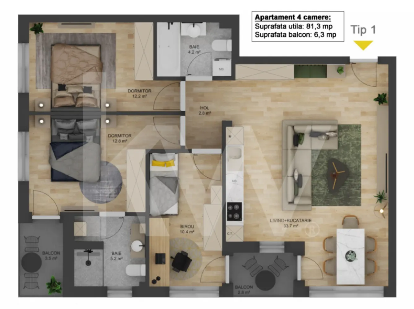 Apartament 4 camere - Tip II - 91,14 mp - Doamna Stanca - COMISION O CUMPĂRĂTOR - Apartamentele cu 4 camere, de tipul II, sunt amenajate pe o suprafață utilă de 91,4 mp/apartament + 3 balcoane cu suprafață totală de 11,2 mp.

În componența acestor apartamente intră un hol de 6,3 mp, un spațiu comun living și bucătărie cu suprafața de 39,1 mp, un birou de 10,2 mp, două dormitoare de 12,2 mp și 14,8 mp și două băi cu suprafețe de 4,4 mp.

Toate apartamentele sunt bine proporționate, compartimentate excelent pentru o viață modernă, pregătite și gândite în așa fel încât, fiecare spațiu să fie util vieții cotidiene.

Fiecare apartament va fi livrat la stadiul de semifinisat avansat, dotat cu centrală proprie de apartament în condensație și branșat individual la toate utilitățile orașului, și cu posibilitatea finisării la cheie.

Tâmplăria PVC folosită în cadrul proiectului va fi Salamander 6 camere de culoare gri la exterior și alb la interior.

Fiecare apartament beneficiază de:

- finisaje premium
- tâmplărie din profil PVC (6 camere) cu geam termopan, 3 foi de sticlă
- ușă metalică de intrare în apartament
- casa scării finisată la cheie
- parcarea amenajată cu dale din beton
- instalație de încălzire, cu centrală și calorifere din oțel
- racorduri apă-canal în baie și bucătărie
- racord de gaz metan la bucătărie pentru centrala și mașina de gătit
- instalație electrică interioară
- șapă
- pereți exteriori din zidărie de cărămidă, de 25 cm grosime
- izolație termică cu polistiren de 10 cm, la pereți exteriori
- tencuieli mecanizate la pereți interiori
- pereți despărțitori din cărămidă
- tavane tencuite
- instalații de contorizare pentru gaz, curent electric și apă rece, inclusiv branșamentele
- loc de parcare inclus

Preț 158.500 EURO, TVA INCLUS