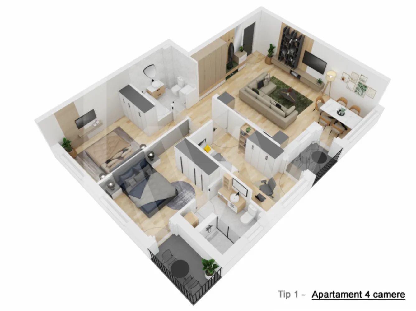 Apartament 4 camere - Tip I - 81,09 mp - Doamna Stanca - COMISION 0 CUMPĂRĂTOR - Apartamentele cu 4 camere, de tipul I, sunt amenajate pe o suprafață utilă de 81,09 mp/apartament + 2 balcoane cu suprafață totală de 6,3 mp.

În componența acestor apartamente intră un hol de 2,8 mp, un spațiu comun living și bucătărie cu suprafața de 33,7 mp, un birou de 10,4 mp, două dormitoare de 12,2 mp și 12,8 mp și două băi cu suprafețe de 4,2 mp și 5,2 mp.

Toate apartamentele sunt bine proporționate, compartimentate excelent pentru o viață modernă, pregătite și gândite în așa fel încât, fiecare spațiu să fie util vieții cotidiene.

Fiecare apartament va fi livrat la stadiul de semifinisat avansat, dotat cu centrală proprie de apartament în condensație și branșat individual la toate utilitățile orașului, și cu posibilitatea finisării la cheie.

Tâmplăria PVC folosită în cadrul proiectului va fi Salamander 6 camere de culoare gri la exterior și alb la interior.

Fiecare apartament beneficiază de:

- finisaje premium
- tâmplărie din profil PVC (6 camere) cu geam termopan, 3 foi de sticlă
- ușă metalică de intrare în apartament
- casa scării finisată la cheie
- parcarea amenajată cu dale din beton
- instalație de încălzire, cu centrală și calorifere din oțel
- racorduri apă-canal în baie și bucătărie
- racord de gaz metan la bucătărie pentru centrala și mașina de gătit
- instalație electrică interioară
- șapă
- pereți exteriori din zidărie de cărămidă, de 25 cm grosime
- izolație termică cu polistiren de 10 cm, la pereți exteriori
- tencuieli mecanizate la pereți interiori
- pereți despărțitori din cărămidă
- tavane tencuite
- instalații de contorizare pentru gaz, curent electric și apă rece, inclusiv branșamentele
- loc de parcare inclus

Preț 157.400 EURO TVA inclus  
