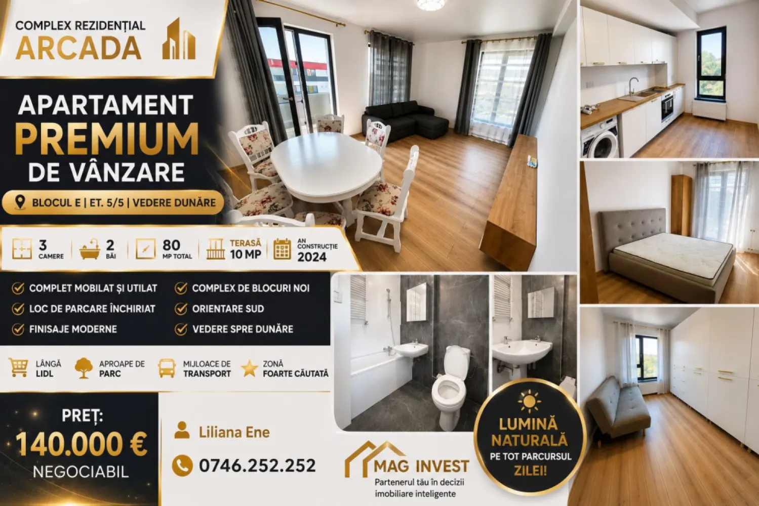 Apartament modern cu 3 camere - Complex Arcada - Iti prezentam spre vanzare un apartament elegant, situat in Complexul Rezidential Arcada, unul dintre cele mai apreciate ansambluri rezidentiale noi din Galati. 
Amplasat la etajul 5, apartamentul imbina confortul, spatiul si o pozitionare excelenta, fiind ideal pentru o familie sau pentru cei care isi doresc o locuinta moderna, intr-o zona cu acces rapid catre toate facilitatile orasului.

Cu o suprafata totala de 80 mp, locuinta este compartimentata eficient si beneficiaza de living generos, bucatarie, doua dormitoare, doua bai si o terasa spatioasa de 10 mp, orientata catre Dunare, oferind un cadru placut pentru momentele de relaxare.

Apartamentul se vinde complet mobilat si utilat, cu finisaje moderne si mobilier de buna calitate, fiind pregatit pentru mutare imediata.
Caracteristici principale:
3 camere
Suprafata totala: 80 mp
Terasa de 10 mp
2 bai
Etaj 5
Imobil construit in 2024
Complex rezidential nou
Complet mobilat si utilat
Loc de parcare inchiriat
Vedere orientata spre Dunare
Complexul este amplasat intr-o zona foarte cautata, in imediata apropiere de Lidl, parc, magazine, restaurante si mijloace de transport in comun, oferind acces rapid catre toate punctele de interes din oras.

Pret: 140.000 Euro, negociabil
Pentru informatii suplimentare sau programarea unei vizionari: Liliana Ene -- 0746.252.252 --

MAG INVEST – Partenerul tau in decizii imobiliare inteligente.