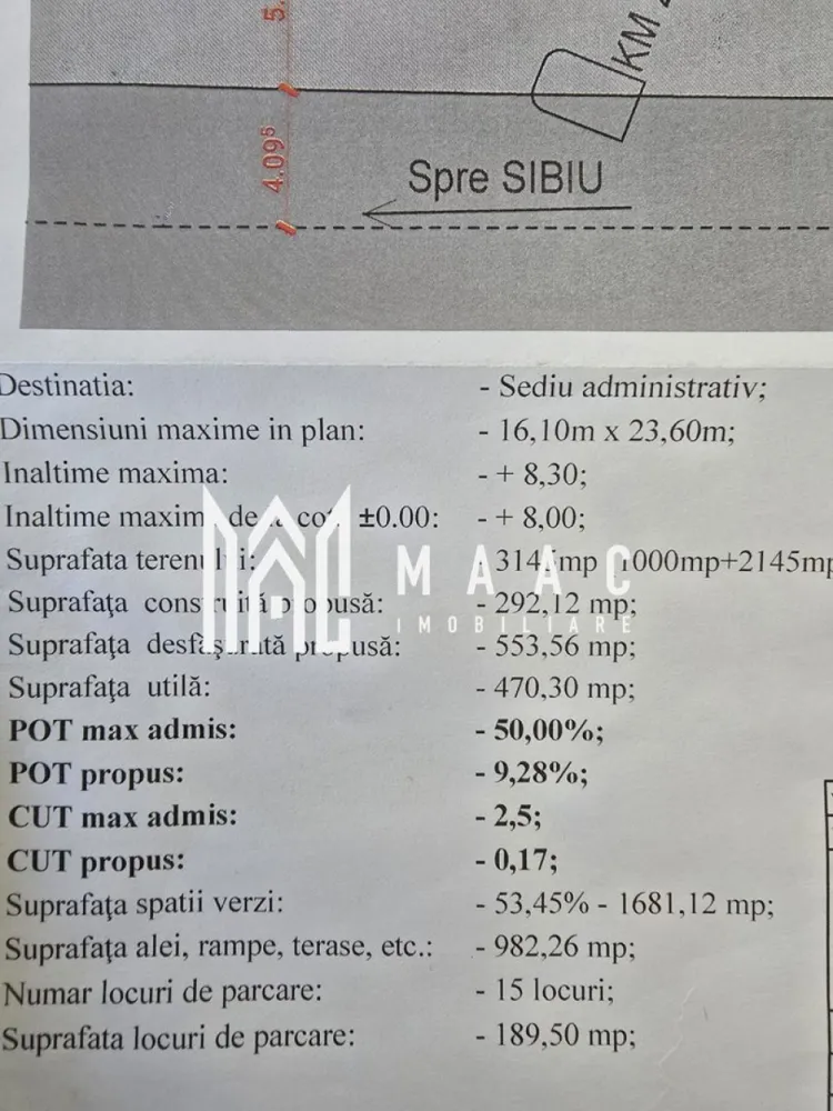 De inchiriat spatiu comercial I Talmaciu I Sibiu I pe DN 7 - MAAC Imobiliare vă propune spre închiriere un spațiu modern de birouri și showroom, situat într-o clădire nouă, concepută pentru activități comerciale și administrative, cu o suprafață totală de 470 metri pătrați. Proprietatea se remarcă prin funcționalitate, compartimentare eficientă și dotări adaptate unui mediu de lucru profesionist.

Clădirea este dispusă pe parter și etaj, fiecare nivel fiind echipat cu spații dedicate pentru toalete, oferind confort și acces facil pentru angajați și clienți. La parter, sistemul de încălzire este realizat prin pardoseală, asigurând o distribuție uniformă a temperaturii, iar etajul este dotat cu calorifere, adaptate utilizării eficiente a spațiului.

Compartimentarea este optimizată pentru desfășurarea diverselor tipuri de activități:
-7 birouri separate;
-1 showroom generos.

Spațiul beneficiază de încăperi aerisite, luminoase, cu geamuri mari panoramice, ce oferă lumină naturală pe tot parcursul zilei și contribuie la un ambient modern și productiv. Accesul în incintă este securizat prin poartă automată, iar proprietatea include 10 locuri de parcare, un avantaj important pentru echipele extinse sau pentru fluxul de clienți.

În completarea spațiului principal, există posibilitatea de a închiria un teren liber de 200 metri pătrați, situat în spatele clădirii, ideal pentru amplasarea unui cort destinat depozitării materialelor sau desfășurării unor activități auxiliare. Prețul pentru acest spațiu suplimentar este de 1 Euro pe metru pătrat pe lună, oferind flexibilitate în funcție de nevoile chiriașului.

Proprietatea reprezintă o alegere potrivită pentru companii care își doresc un sediu modern, bine compartimentat, cu showroom integrat și facilități complete, într-un spațiu adaptat cerințelor actuale din mediul de business.

Pentru mai multe detalii, vă rugăm să menționați telefonic numărul CP2878765.