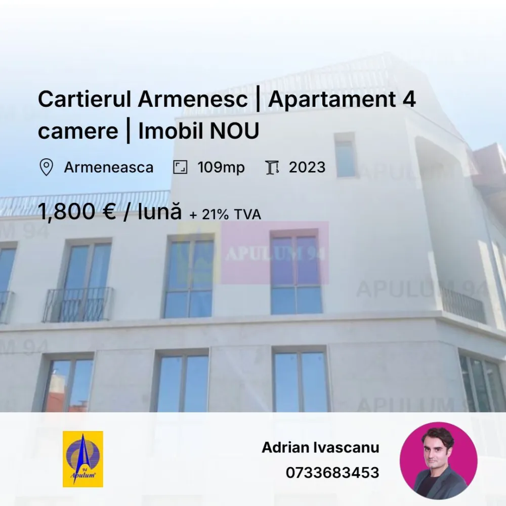 Armeneasca | 4 camere | 109 mp, mobilat utilat, boutique 2023, terasa - Arhitectura proiectului boutique Licurg 2 Prime Residence încorporează elemente de design specifice zonei, evidențiindu-se prin fațade elegante și detalii de piatră atent lucrate, ce se integrează armonios în peisajul local. Materialele, culorile și texturile sunt alese pentru a menține un aspect estetic în armonie cu stilul arhitectural tradițional al zonei.

Detalii apartament:
4 camere
Etaj 2/3
Decomandat
Terasa/ balcon 10mp
Suprafata utila 109mp

Compartimentare: living spatios, 3 dormitoare, bucatarie deschisa, 
2 grupuri sanitare, terasa de 10 mp.
Finisaje premium: parchet, gresie si faianta, vopsea lavabila, 
usi interioare din lemn masiv. Tamplarie din aluminiu cu geamuri triple 
— izolatie termica si fonica superioara, facturi reduse la utilitati.
Incalzire in pardoseala in toate camerele + AC

Dotari incluse: lift, 2 locuri de parcare, usa securizata, videointerfon, 
sistem de alarma, senzori de incendiu.

Stare: nou, mobilat si utilat complet. Se inchiriaza cu contract pe 
termen lung, minim 2 ani.
Chirie lunara 1800 euro + TVA. Se percep doua luni garantie.

Contact:
apulum94@apulum94.ro
adrian@apulum94.ro
Whatsapp 0733683453

EXTERIOR:

Rame din aluminiu:

Barieră termică ALIPLAST, culoare bej RAL 7044
Fixare mecanică pe cadru de oțel 30 x 30 mm
Geamuri triple:

Compoziție generală: Sticlă 6 mm 4S, distanțier 16 mm WE, sticlă float 4 mm, sticlă low E 6 mm
Parter spre stradă: Sticlă temperată KN 166 ESG 6 mm, distanțier 16 mm WE, sticlă float 4 mm, sticlă laminată low E 4.4.1 mm
Valoare U totală: 1,05 pentru rame și ferestre din aluminiu
PEISAGISTICĂ:

Design exterior:

Alee de intrare cu plăci ceramice
Drum de acces la subsol asfaltat
Mobilier urban pe platforme de beton, cu zone de flori integrate
Spații verzi:

Pe plăci de beton: Ghivece de plante (adâncime 50-70 cm), arbuști și gazon la rampa de intrare
Pe sol natural: Plantații de arbori și arbuști, gazon, pentru uz exclusiv apartamentelor 1 și 2
INTERIOR:

Pereți cu vopsea multistrat:

Trei straturi de vopsea albă lavabilă pe plăci de gips tencuite
Bază din bloc ceramic de 30 cm grosime
Pardoseli ceramice și laminat:

Plăci ceramice antiderapante și lemn laminat pe șapă de ciment
Izolație și calitate a construcției:

Izolație din lână minerală între cărămizi și plăci de gips pentru eficiență termică
Proiectare orientată spre confort și economie de energie

The architecture of Licurg 2 Prime Residence incorporates local design elements, featuring elegant facades and meticulously crafted stone details that blend seamlessly into the surroundings. Materials, colors, and textures are chosen to harmonize with the area's traditional architectural style. The project offers a variety of 3 and 4-room apartments, characterized by large windows that fill the spacious, well-organized interiors with natural light.

Apartment details:

4 rooms
Detached layout
Terrace/balcony: 10 sqm
Usable area: 109 sqm
Contact:

Email: apulum94@apulum94.ro, adrian@apulum94.ro
WhatsApp: 0733683453