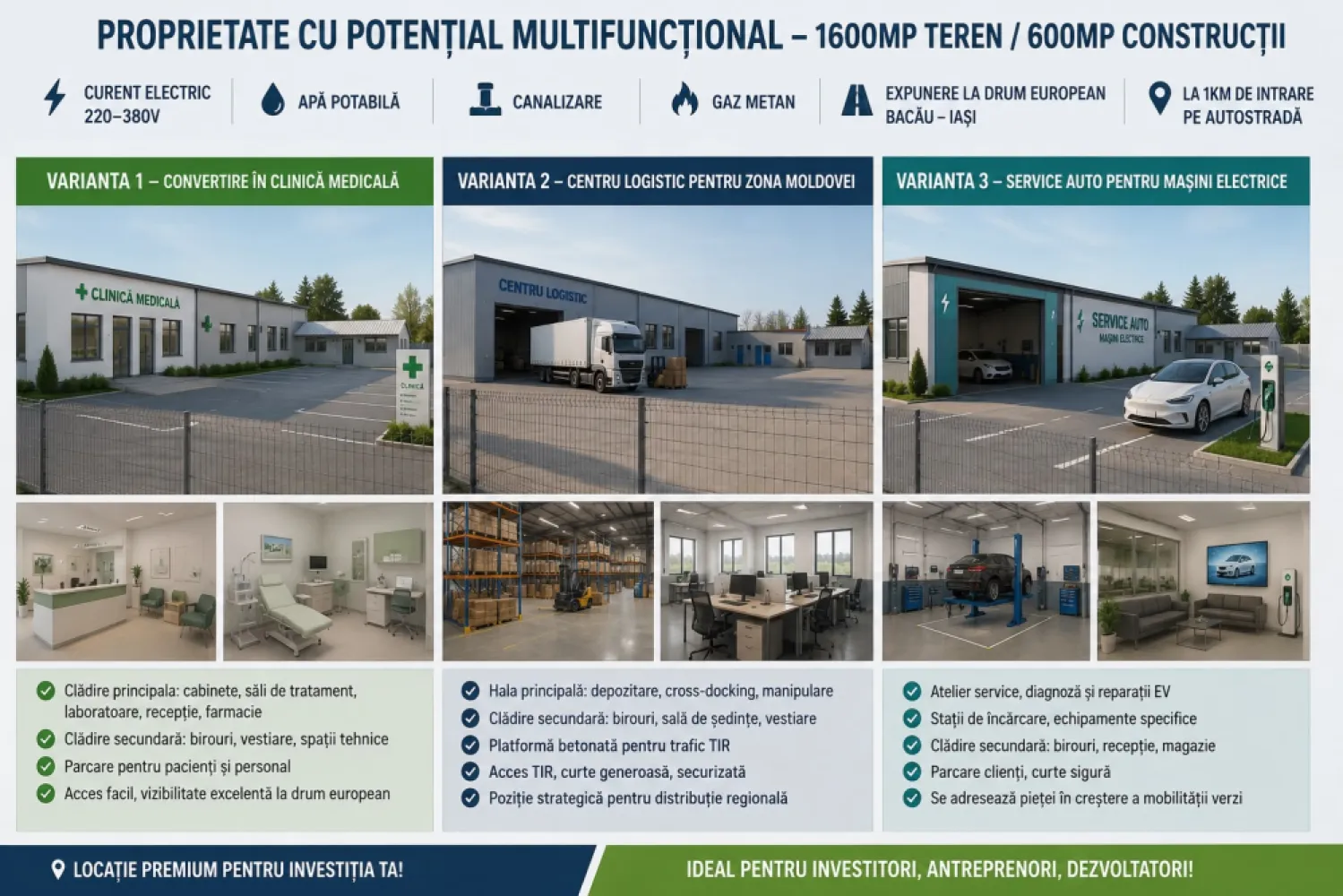 Centru logistic - 1600mp teren, 600mp construcții, curent electric 220-380V, apa potabilă, canalizare, gaz metan, expunere la drum european Bacau- Iași , la 1km de intrare pe autostrada.&nbsp;Varianta 1- convertire în clinica medicala.Varianta 2- centru logistic pentru zona MoldoveiVarianta 3- service auto pentru mașini electrice.Pentru vânzare &nbsp;650E/mp construcțiiPentru închiriere 5E/mp&nbsp;