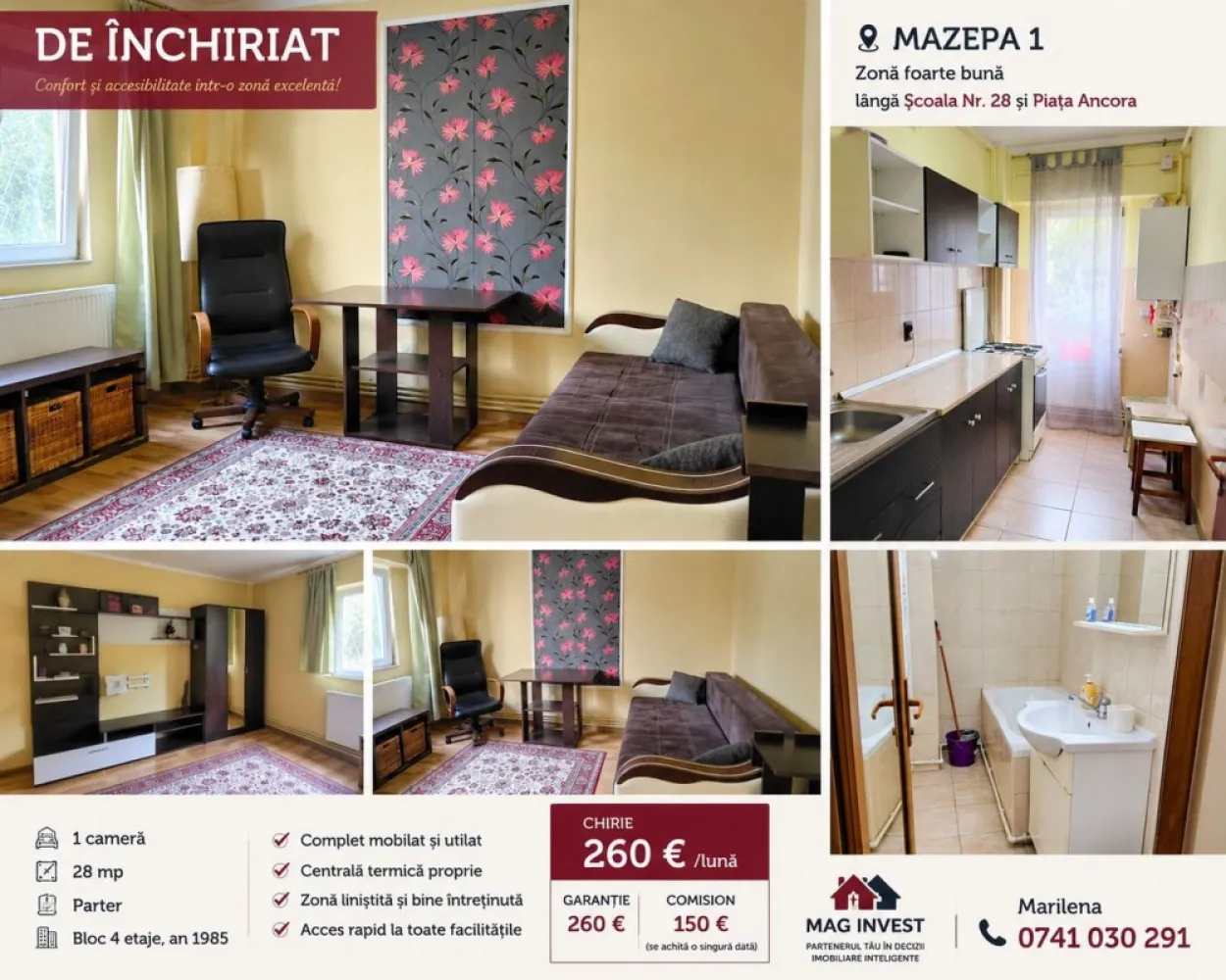 De inchiriat apartament cu o camera, parter, Mazepa 1, 260 euro