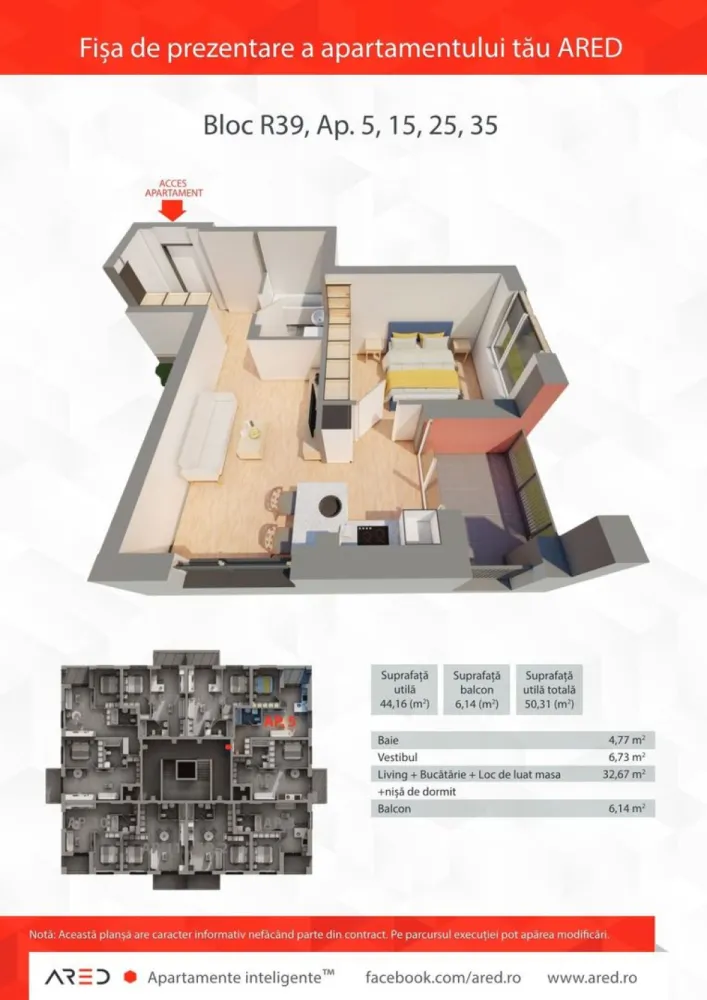 Apartament 2 camere, etaj 2, bloc R39, ap 15, Ared City Arad - Alegerea unei locuințe nu înseamnă doar numărul de camere sau prețul de achiziție. Înseamnă să investești într-o zonă care își păstrează valoarea și îți oferă confort pe termen lung.
De aceea, ARED City rămâne una dintre cele mai apreciate zone rezidențiale din Arad. Dezvoltarea continuă a cartierului, infrastructura modernă și accesul rapid către principalele puncte de interes fac din acest proiect o alegere inspirată atât pentru locuit, cât și pentru investiție.

🎁 În această perioadă beneficiezi de:
✔ Discount de 2% până la 31.07.2026
✔ Predare la 30.11.2026
✔ Posibilitatea achitării diferenței de preț în maximum 2 ani

🏡 Detalii apartament:
• 2 camere
• Etaj 2
• 62 mp construiți
• 45 mp utili
• Dormitor + living cu bucătărie open-space
• 1 baie
• Balcon
• Loc de parcare inclus

✨ Dotări care sporesc confortul:
✅ Încălzire în pardoseală
✅ Aer condiționat
✅ Rolete electrice

🌳 Avantajele ARED City:
• Ansamblu rezidențial modern, aflat în continuă dezvoltare
• Acces rapid către AFI Mall, Atrium Mall, Stadionul Francisc Neuman și alte puncte de interes
• Comunitate bine conturată și infrastructură completă

💶 Preț: 84.771 € + TVA/plata integrala pana la 30.11.2026
🤝 Achiziție direct de la dezvoltator
🚫 Fără agenții | Fără comision

Dacă îți dorești mai multe informații despre această proprietate sau despre alte apartamente disponibile în ARED City, sunt aici să te ajut să alegi varianta potrivită nevoilor și bugetului tău.
📞 Mihai Bica – Consultant Imobiliar
📱 0742 543 526
🏢 Acasă Arad
📍 Bulevardul Decebal nr. 2, Arad